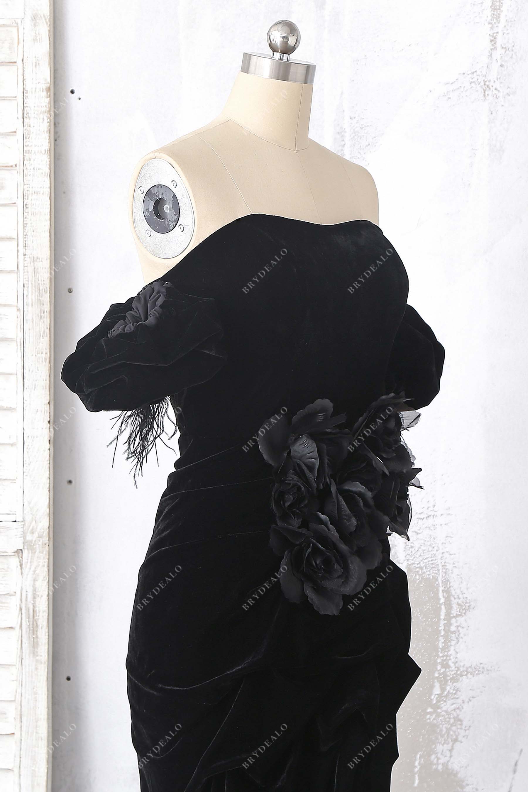 off shoulder black velvet formal gown
