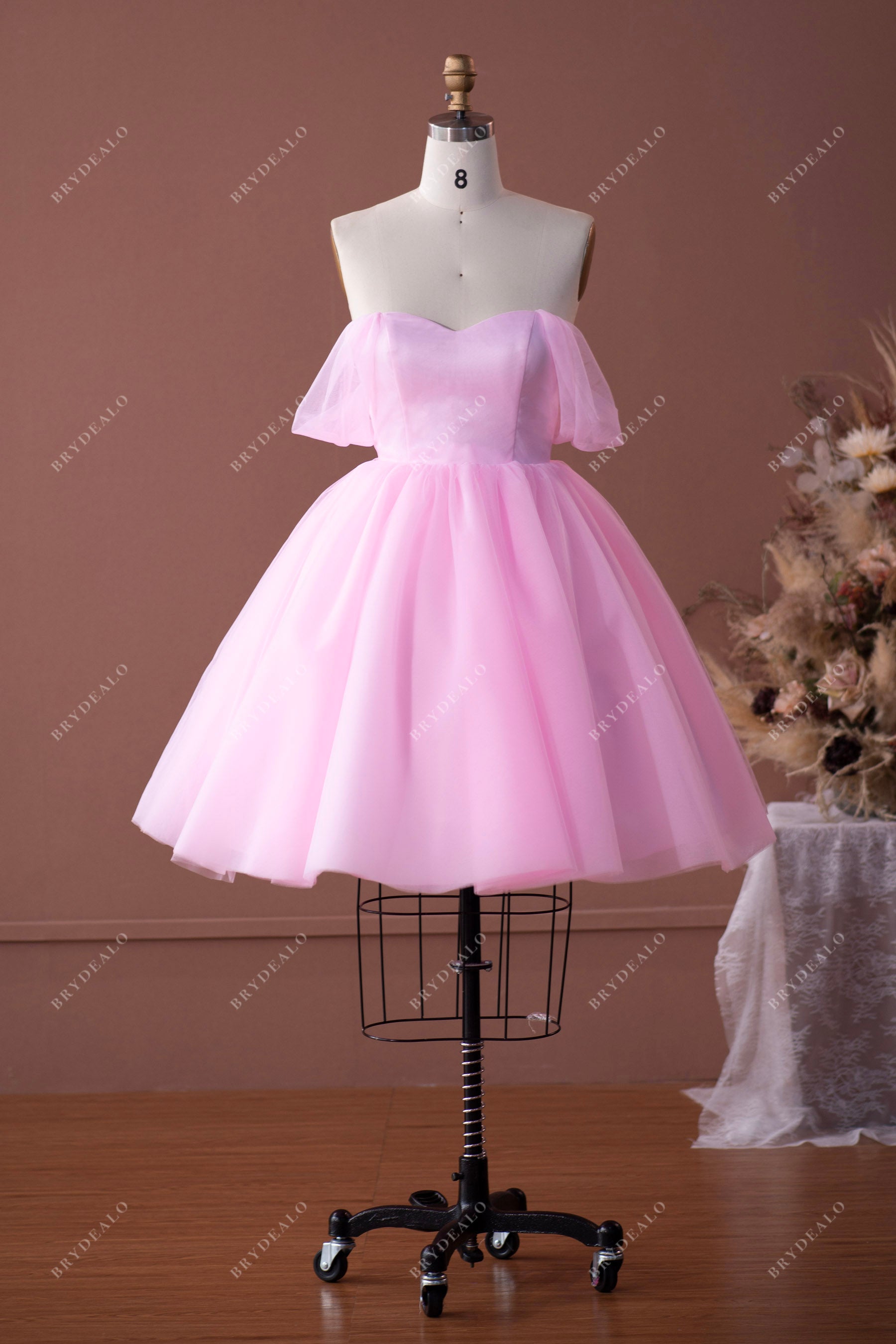 pink off shoulder tulle knee length prom dress