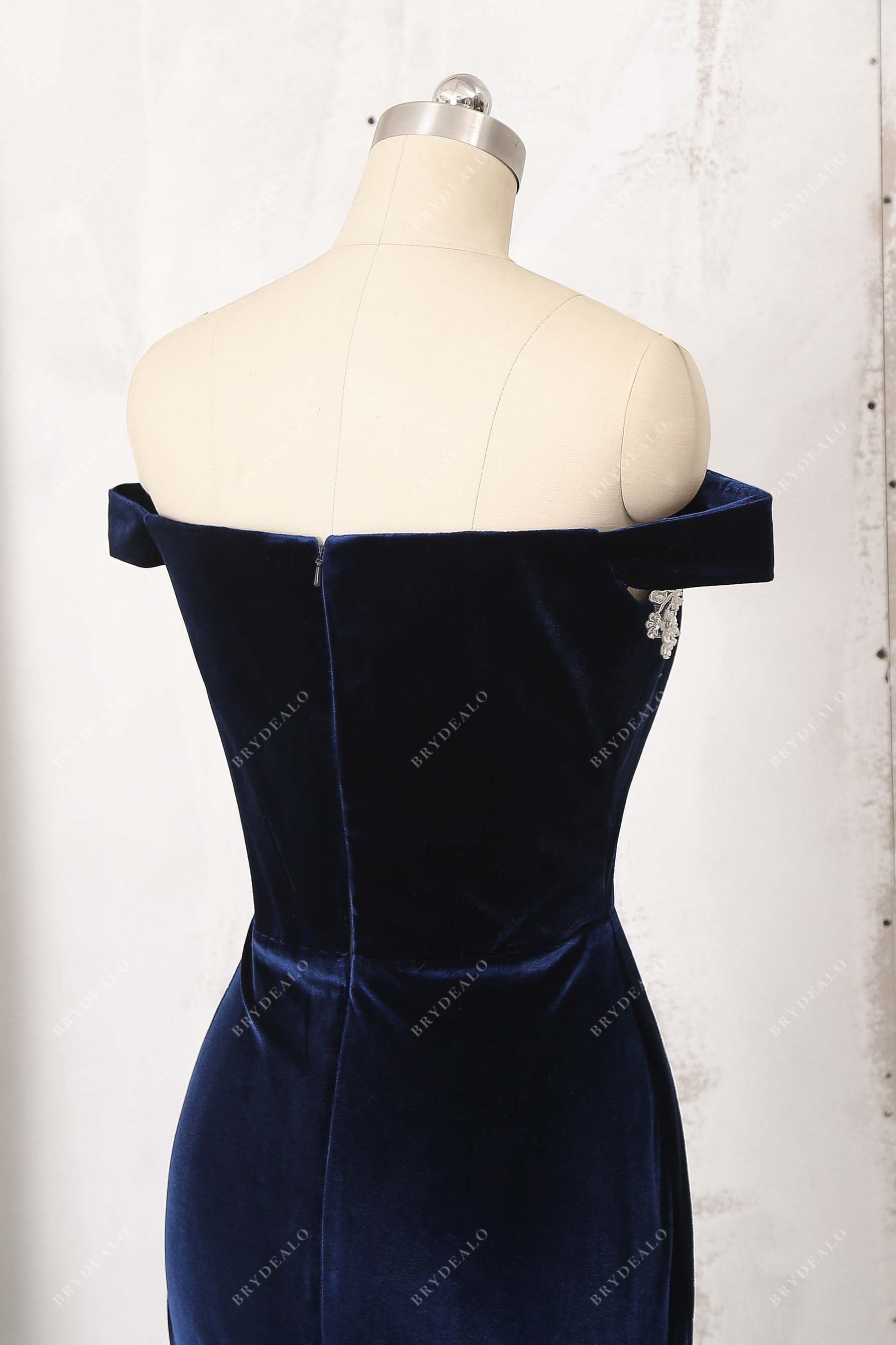 navy blue velvet prom dress
