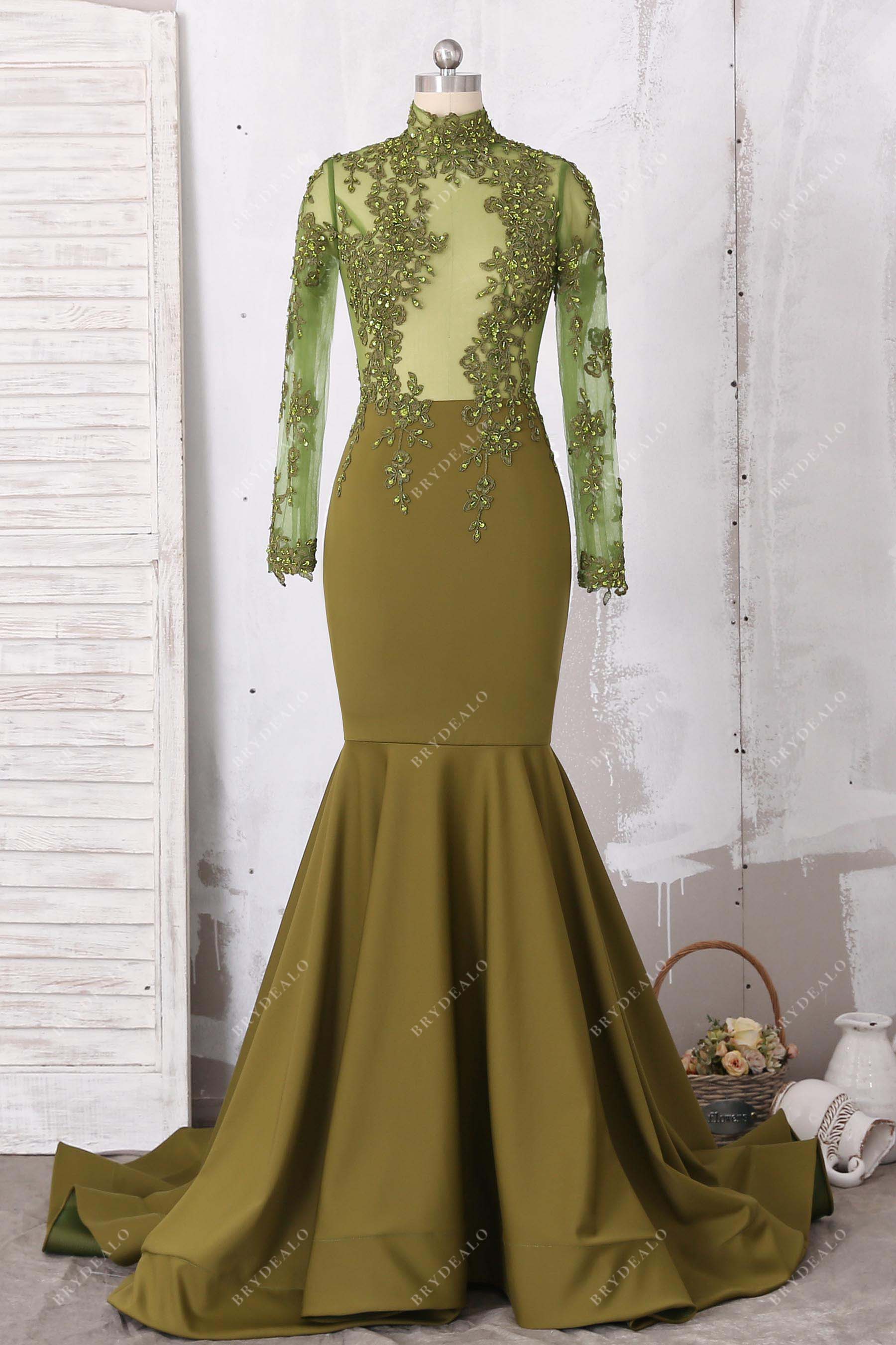olive green high neck mermaid prom dress