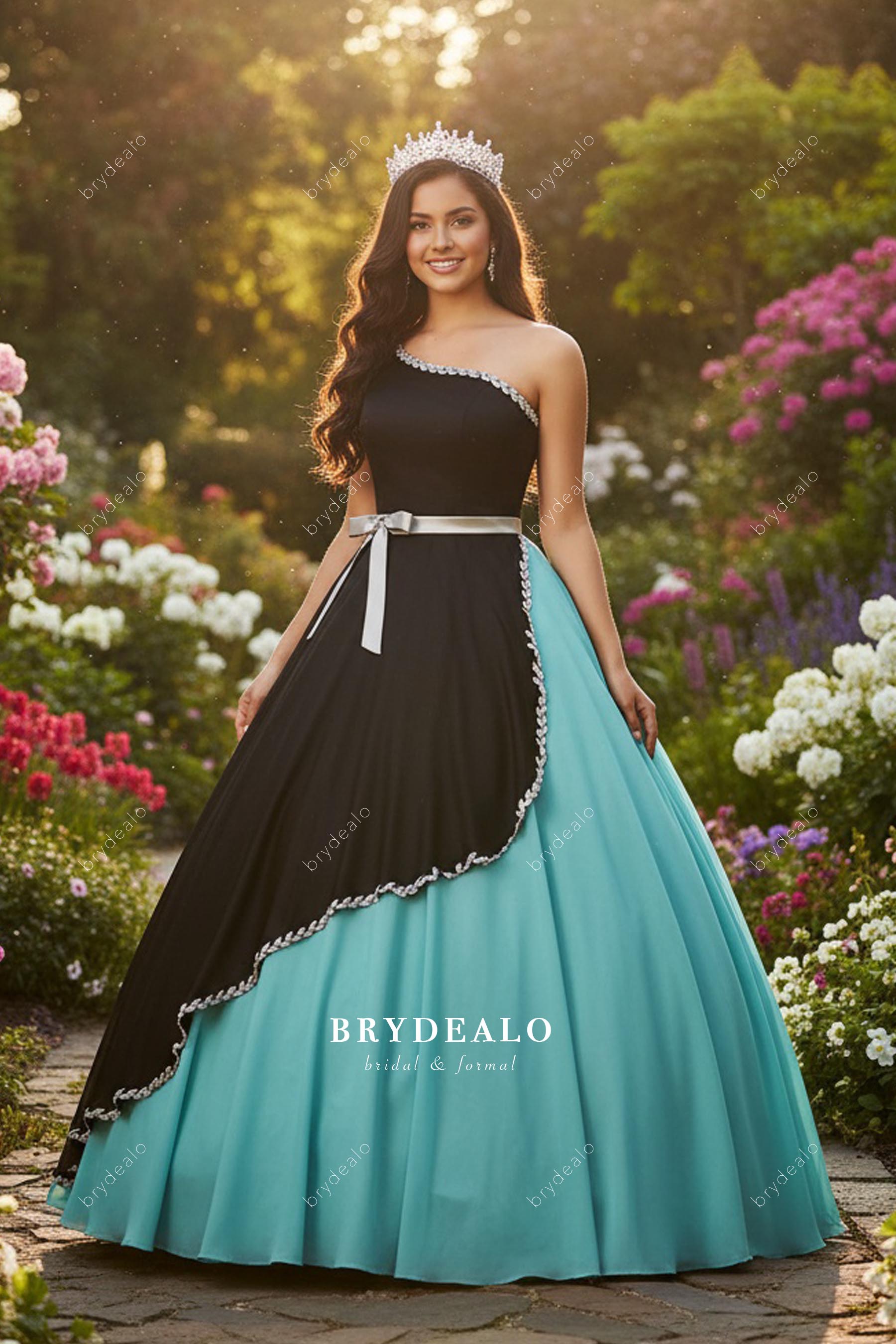 one-shoulder Quinceanera ballgown