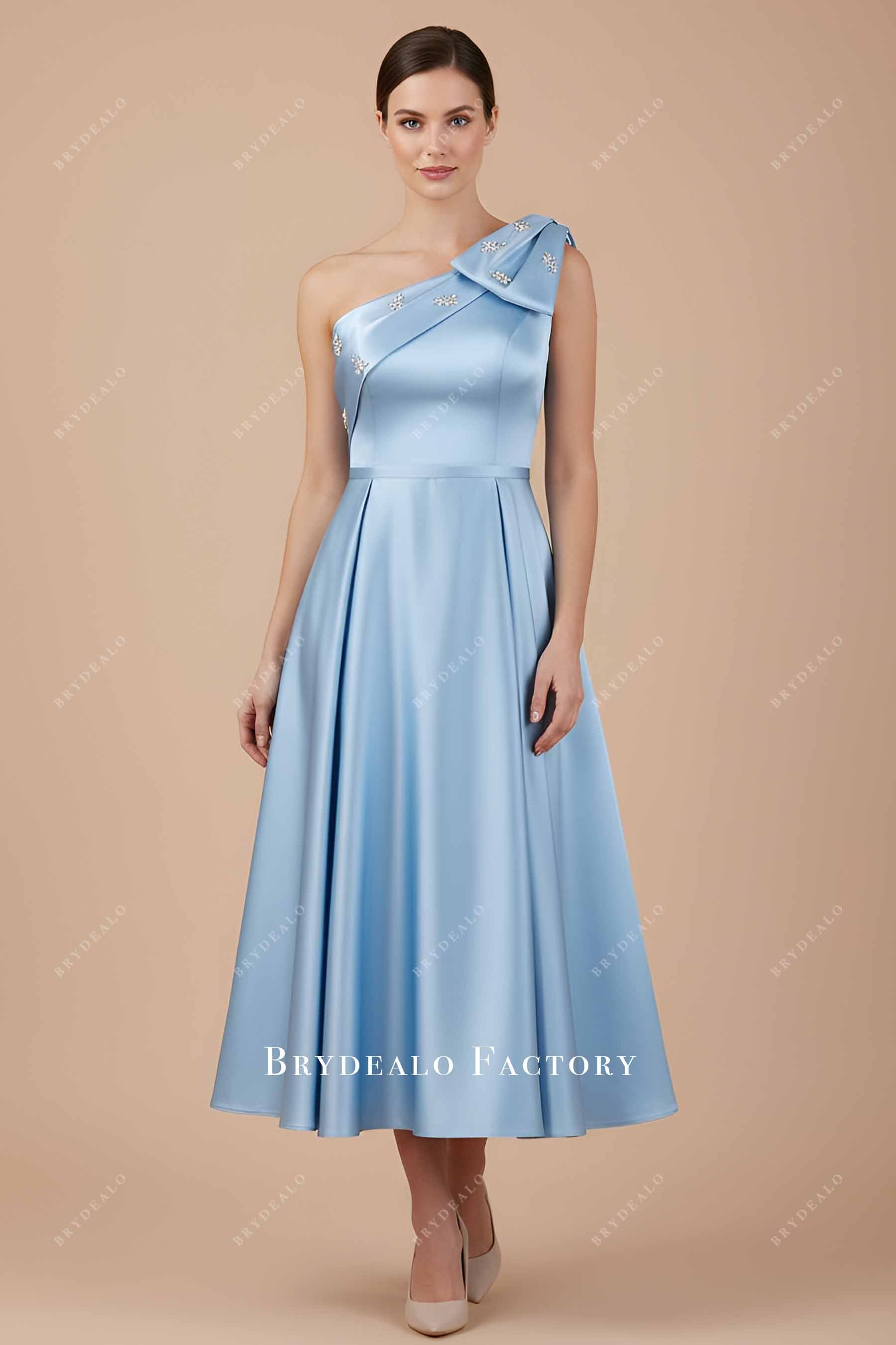 one-shoulder dusty blue formal dress