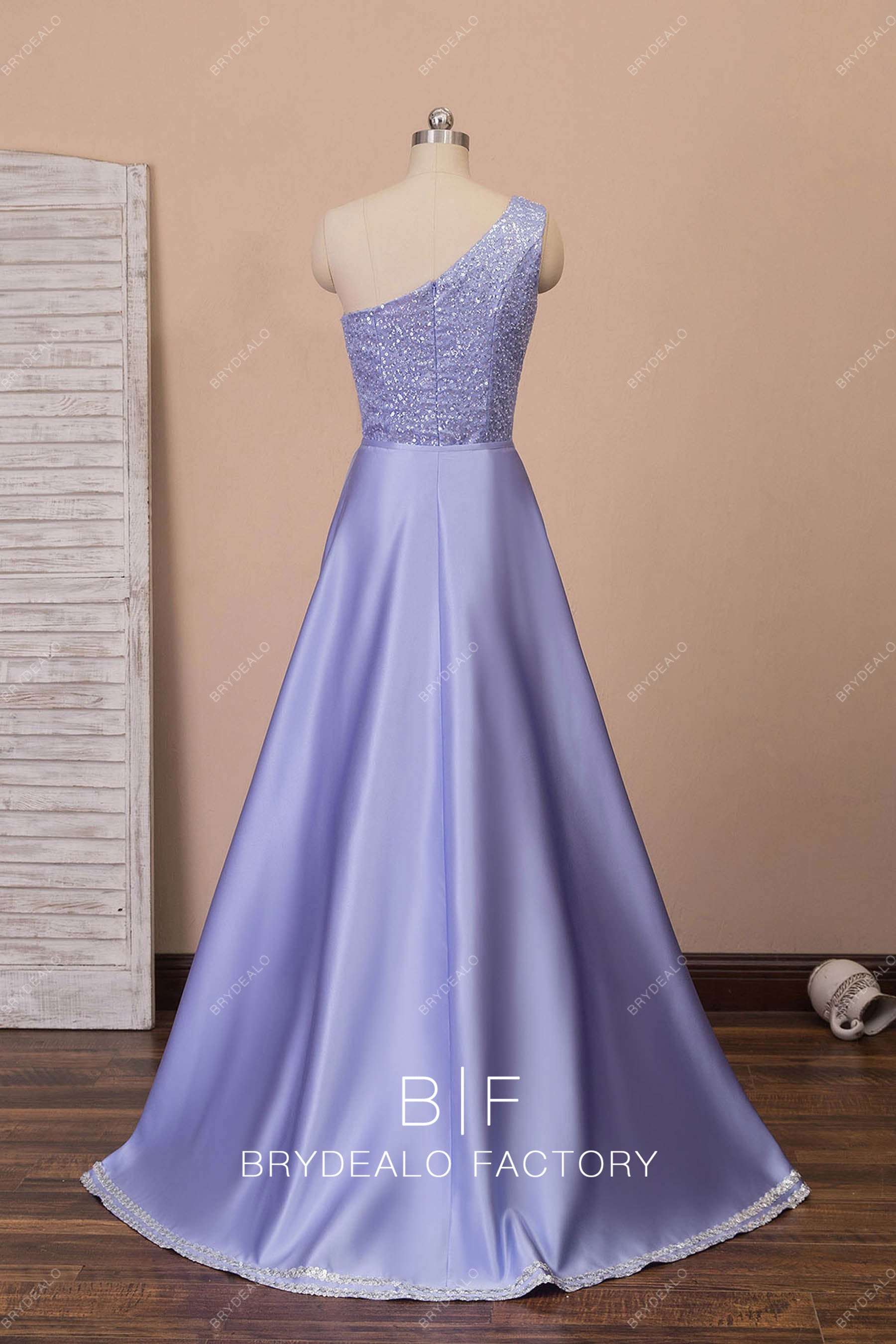 lilac sequin one shoulder evening dress