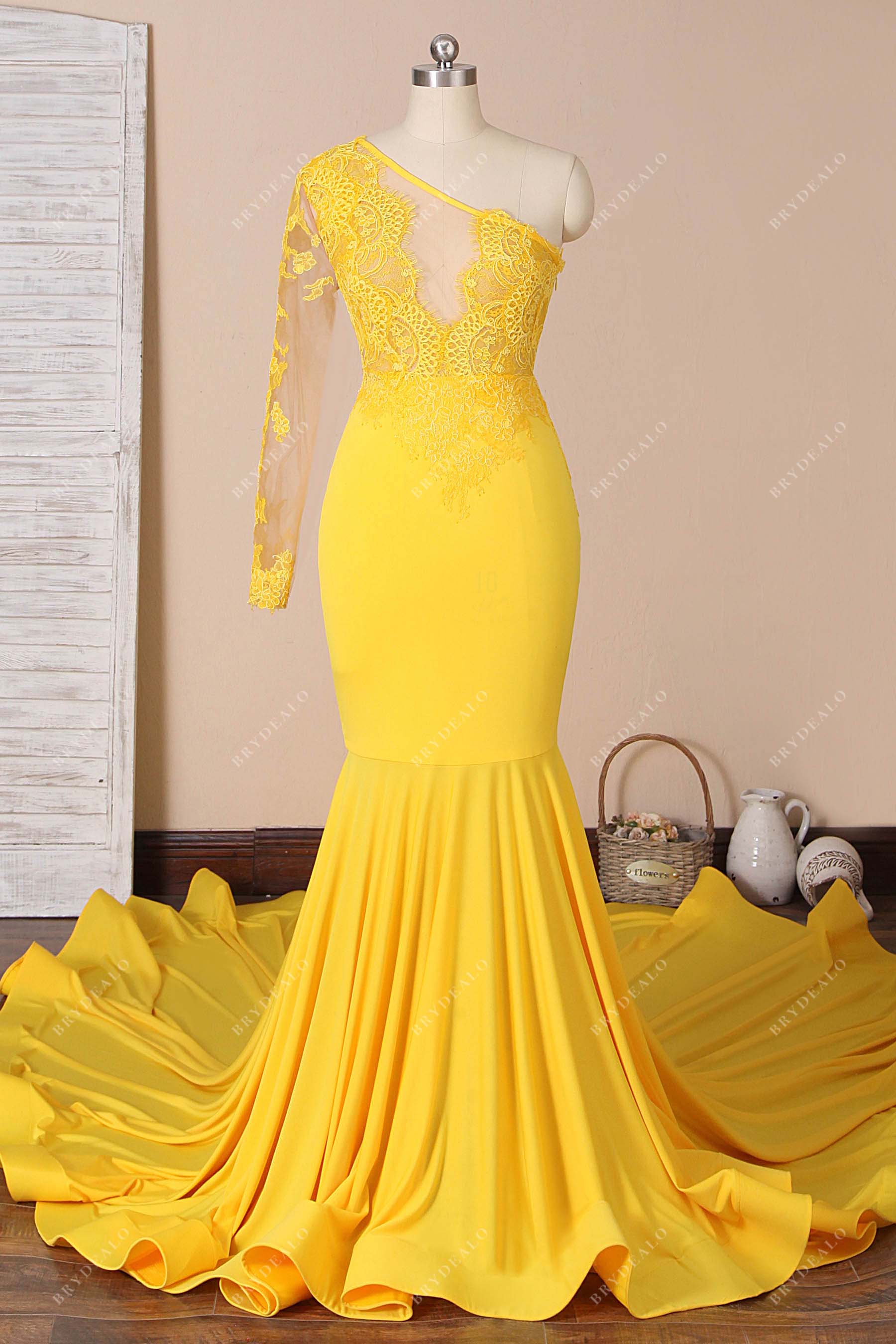 yellow lace one shoulder prom dress