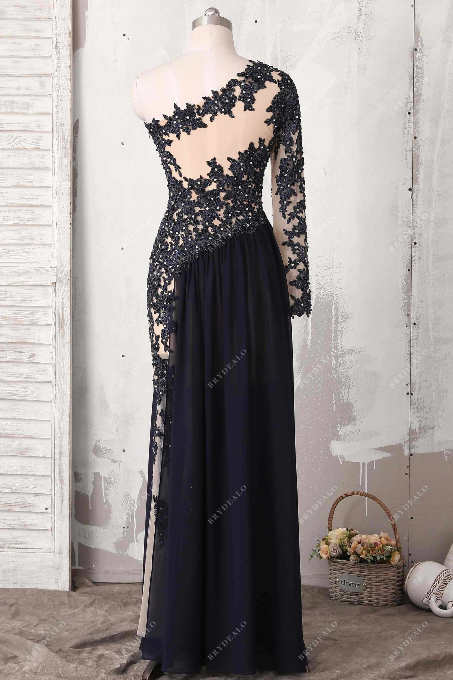 black lace applique A-line prom dress