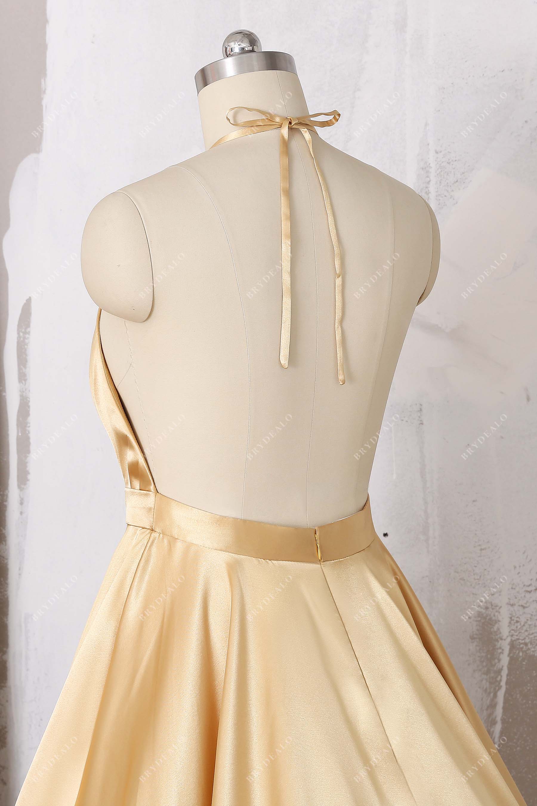 open back halter satin prom dress