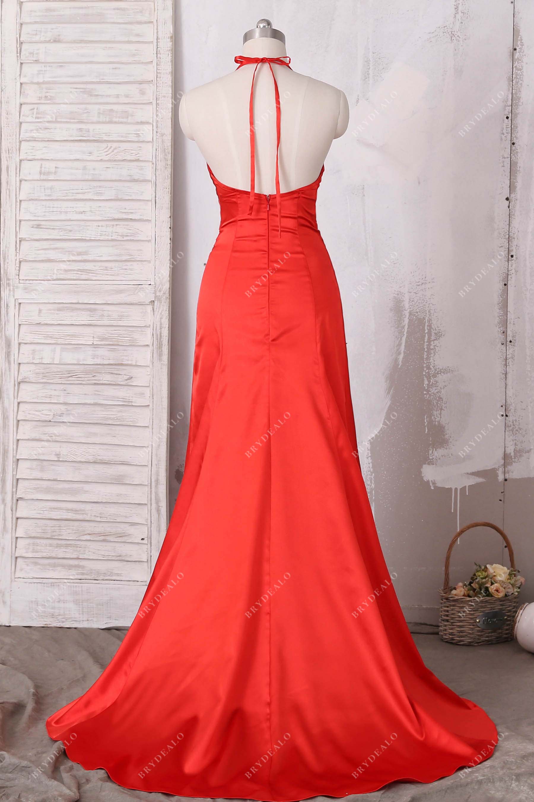 open back red satin evening dress