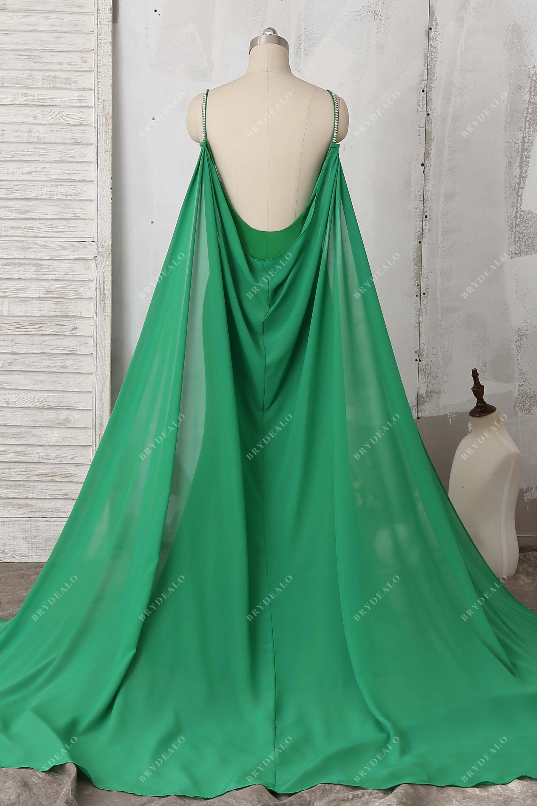 open back detachable chiffon cape prom dress