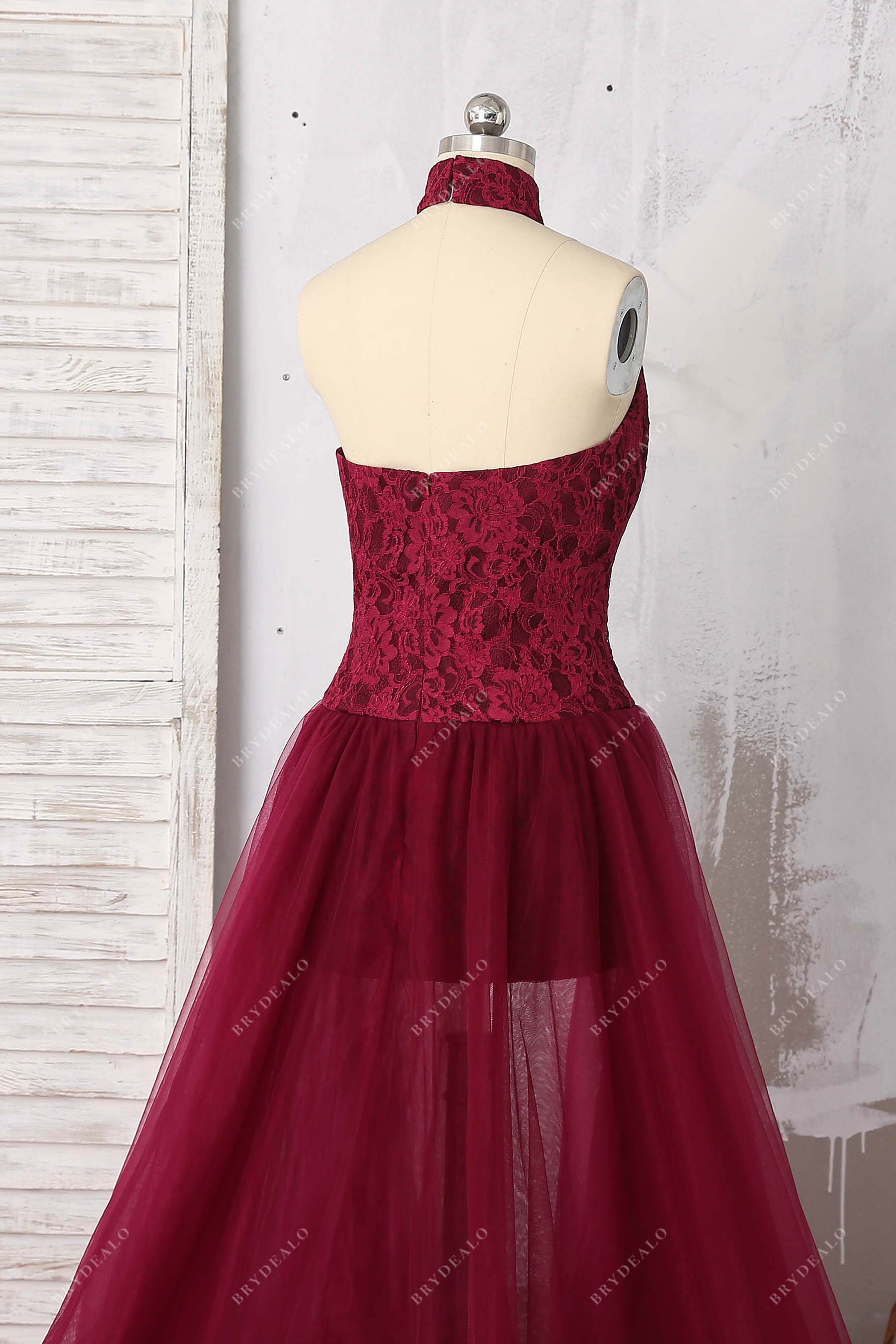 halter open back A-line evening dress