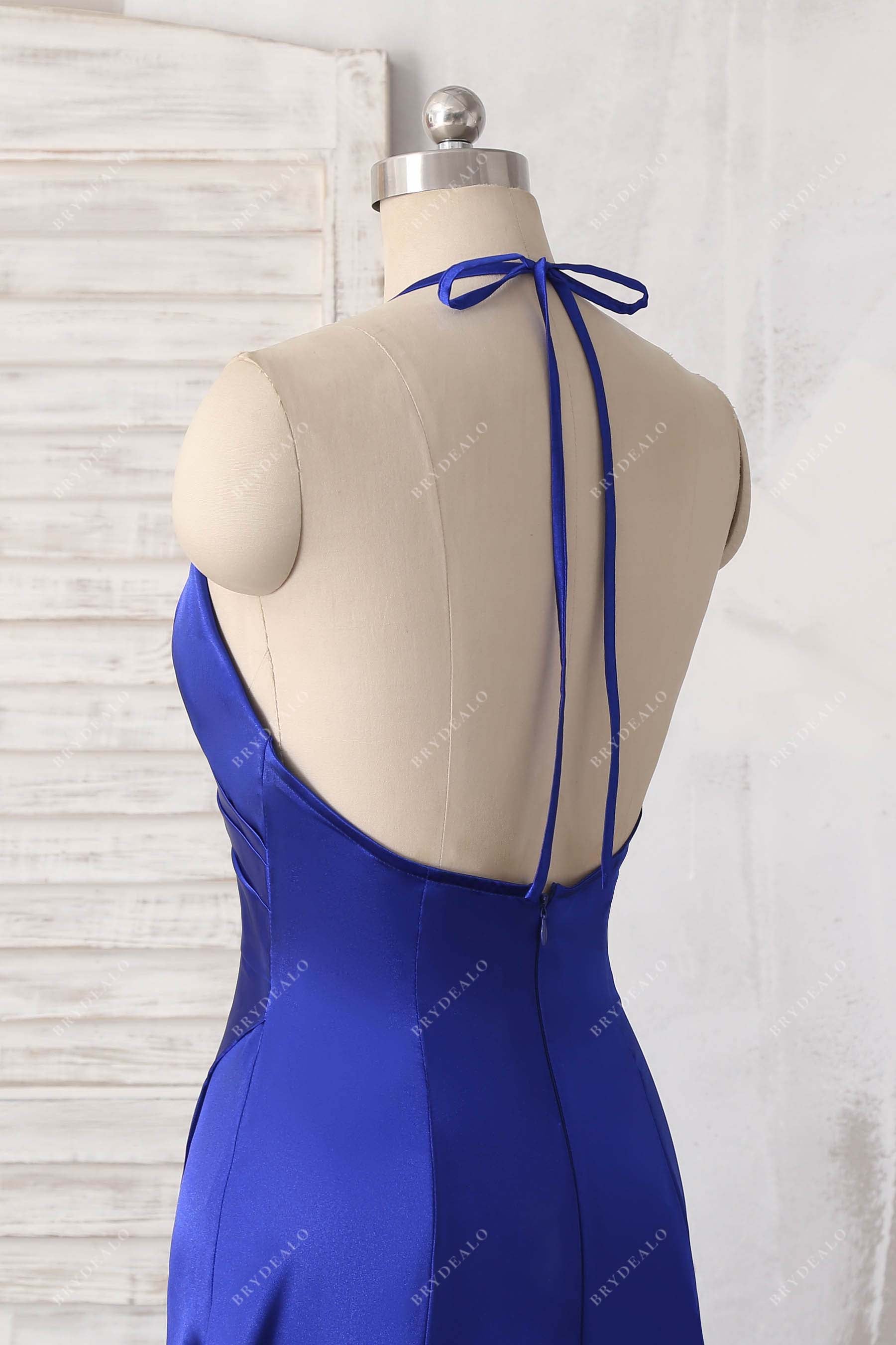 thin strap halter open back prom dress