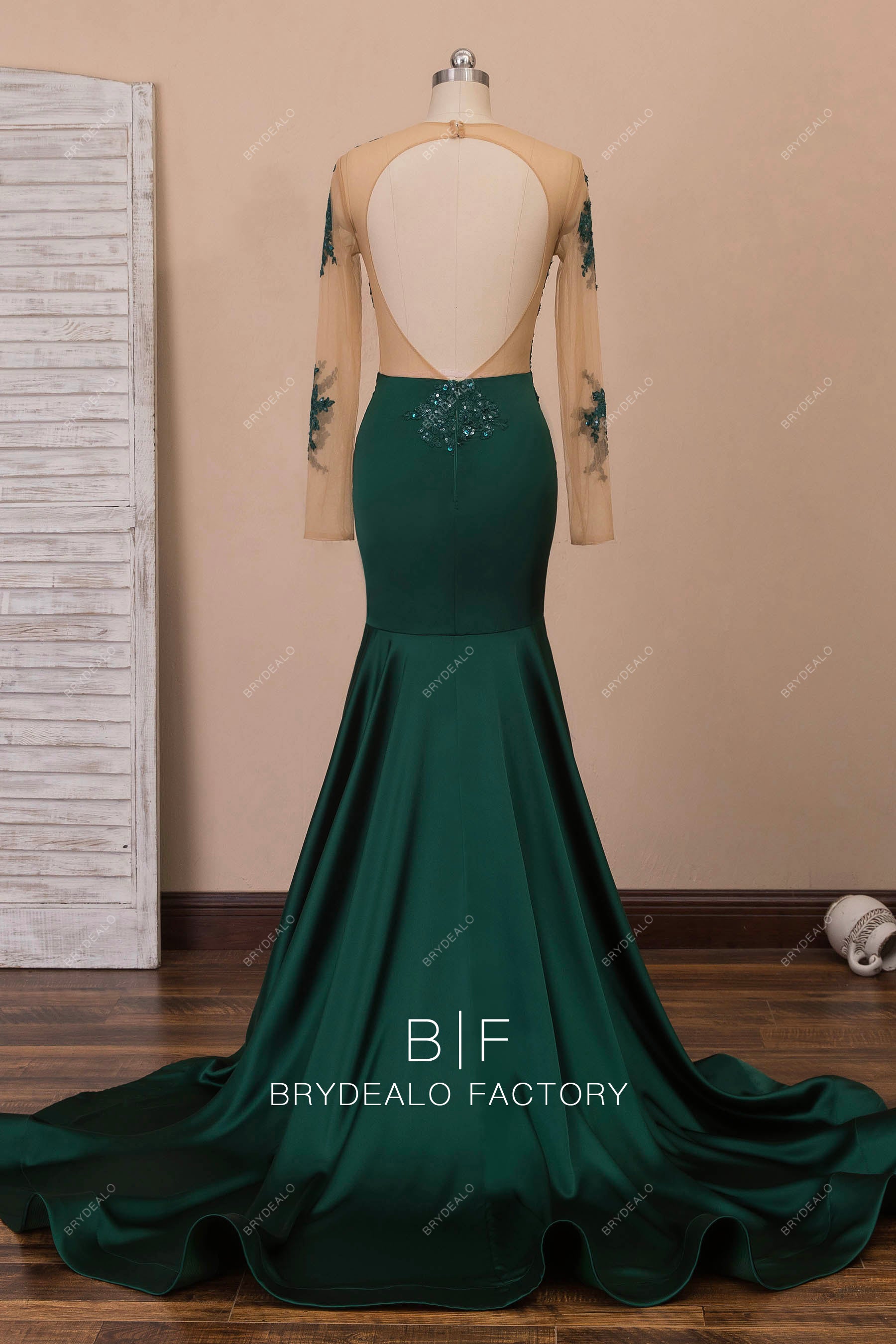 open back illusion long sleeve prom dress