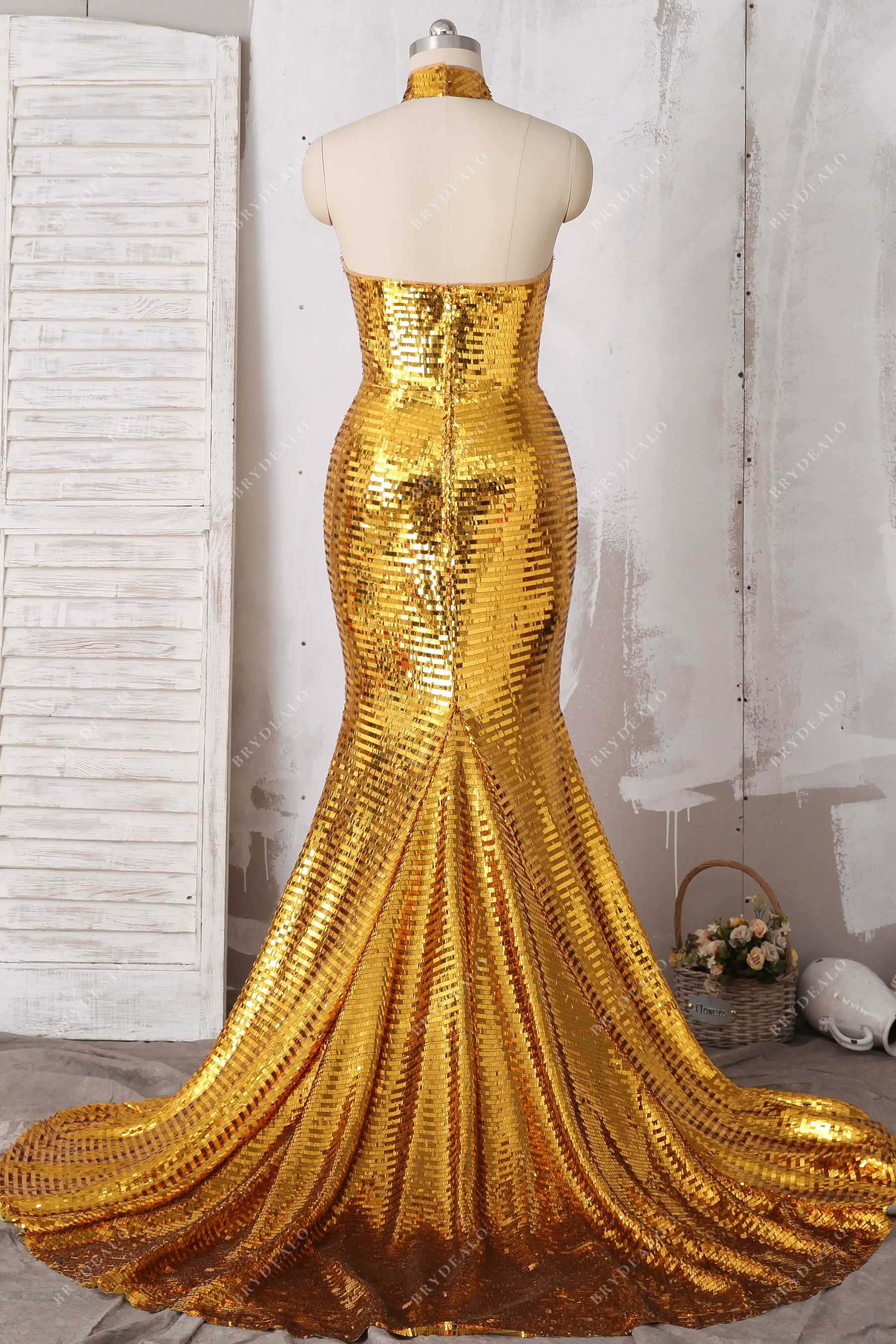 open back gold sequin trumpet prom dress 