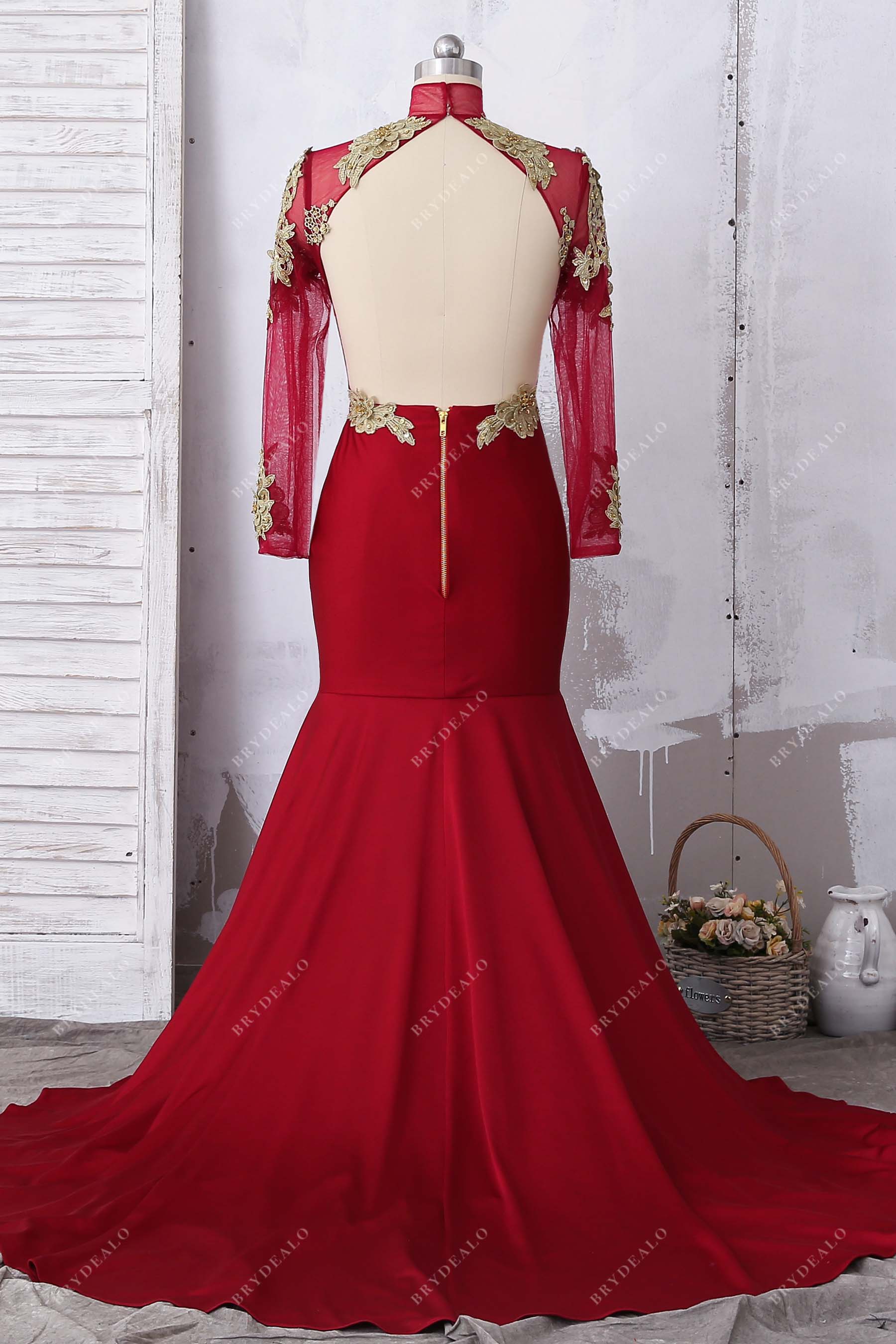 open back sheer long sleeve trumpet formal dress