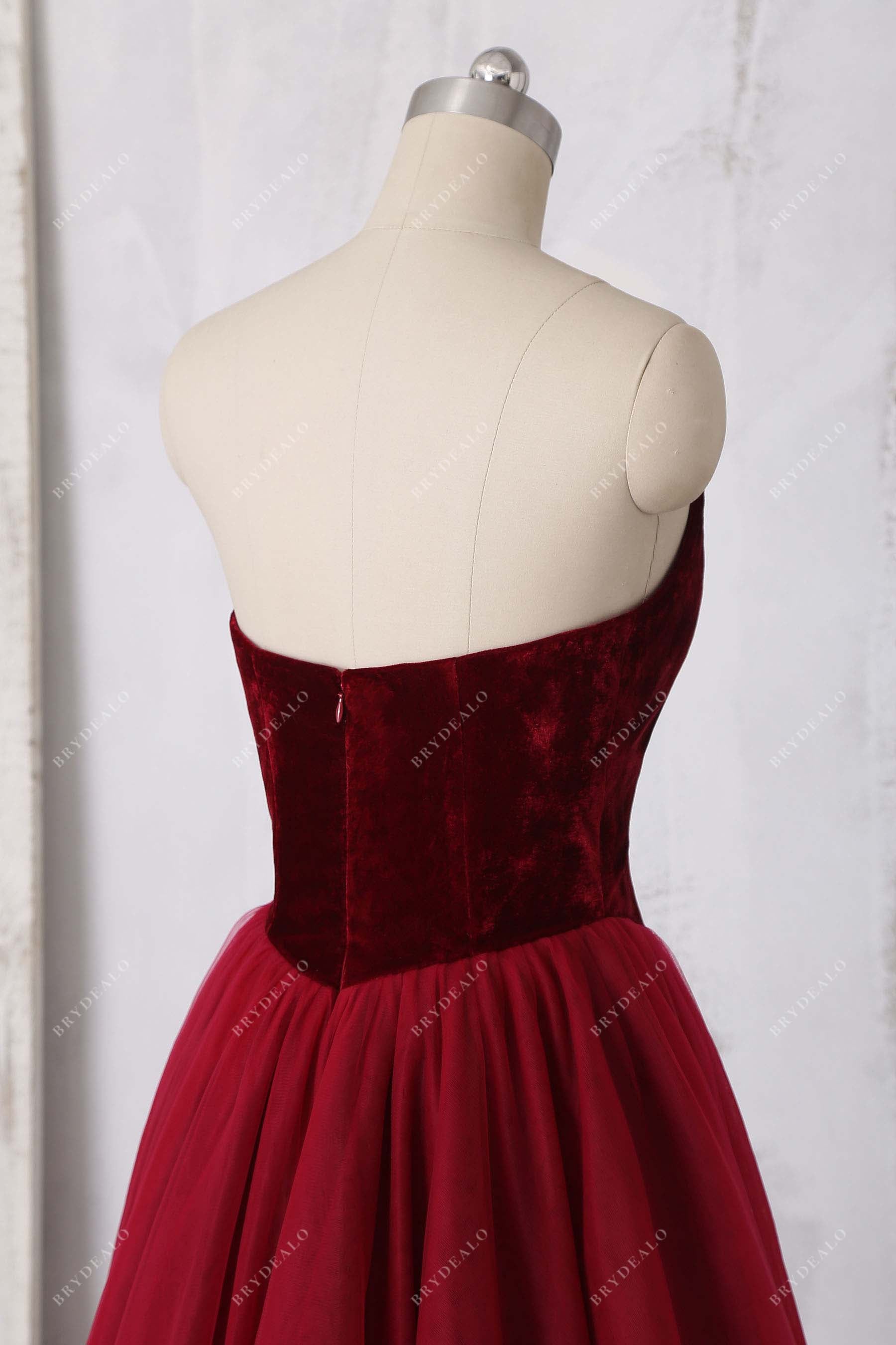 open back strapless burgundy prom dress