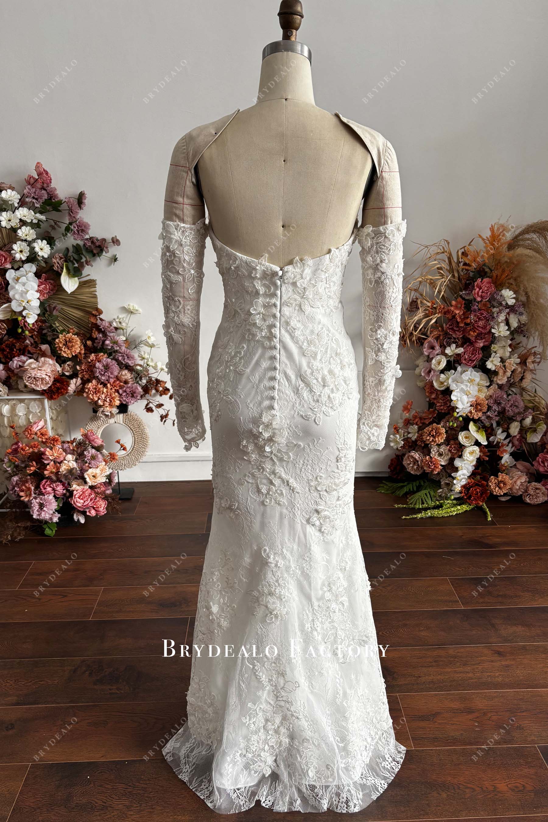 open back tailored floor length lace wedding dress