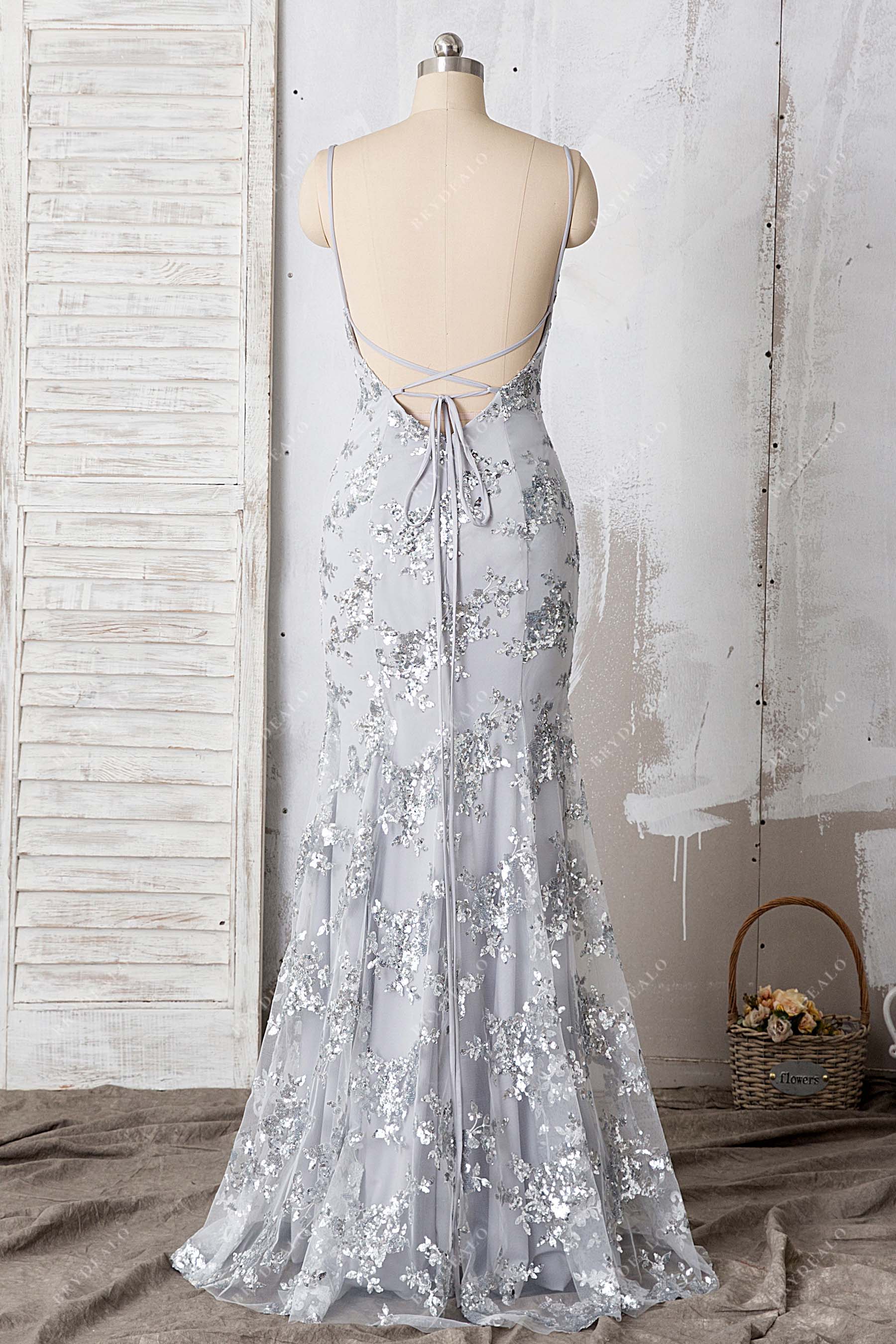 open crisscross back silver formal gown