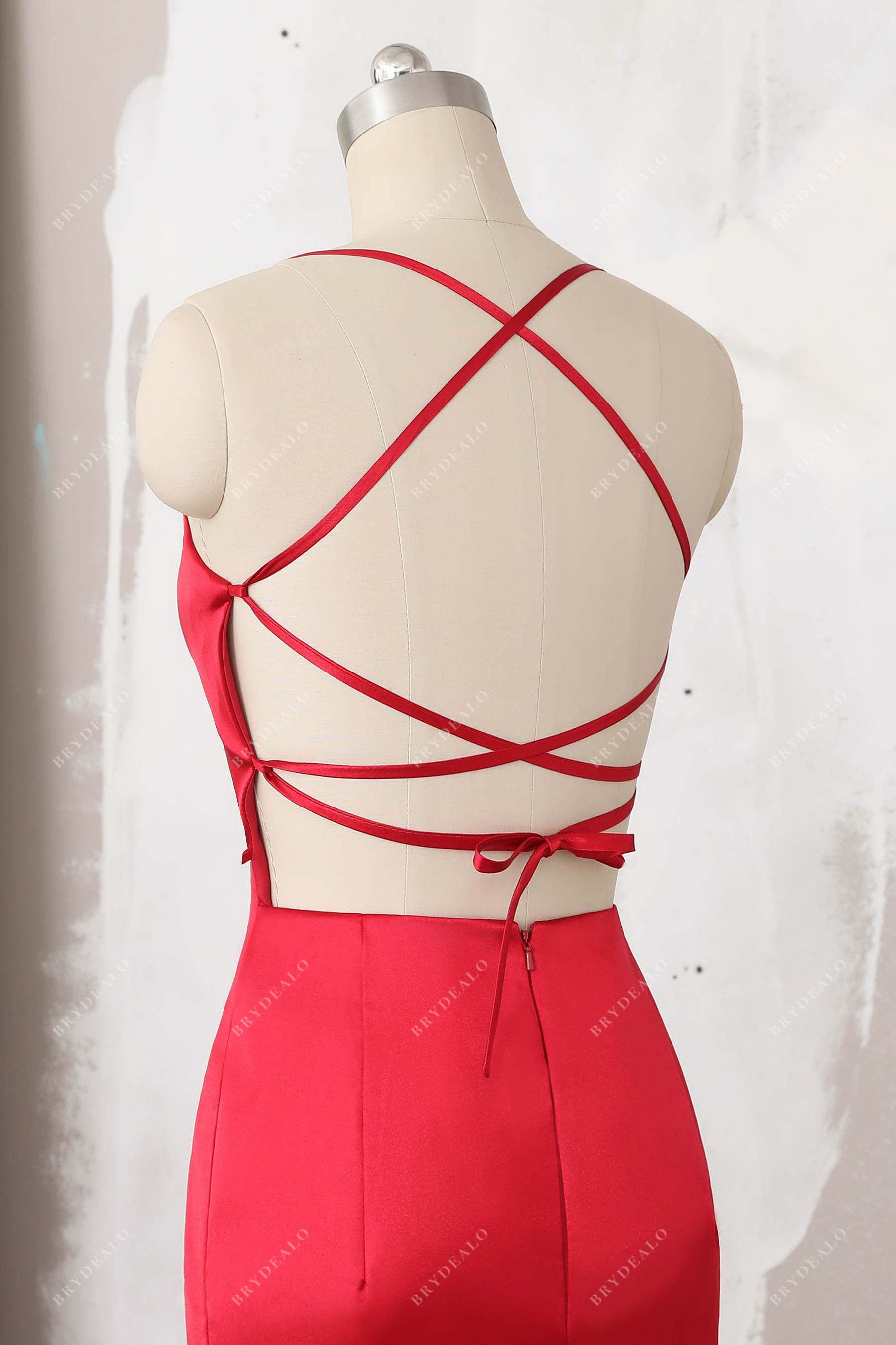 open crisscross back satin prom dress