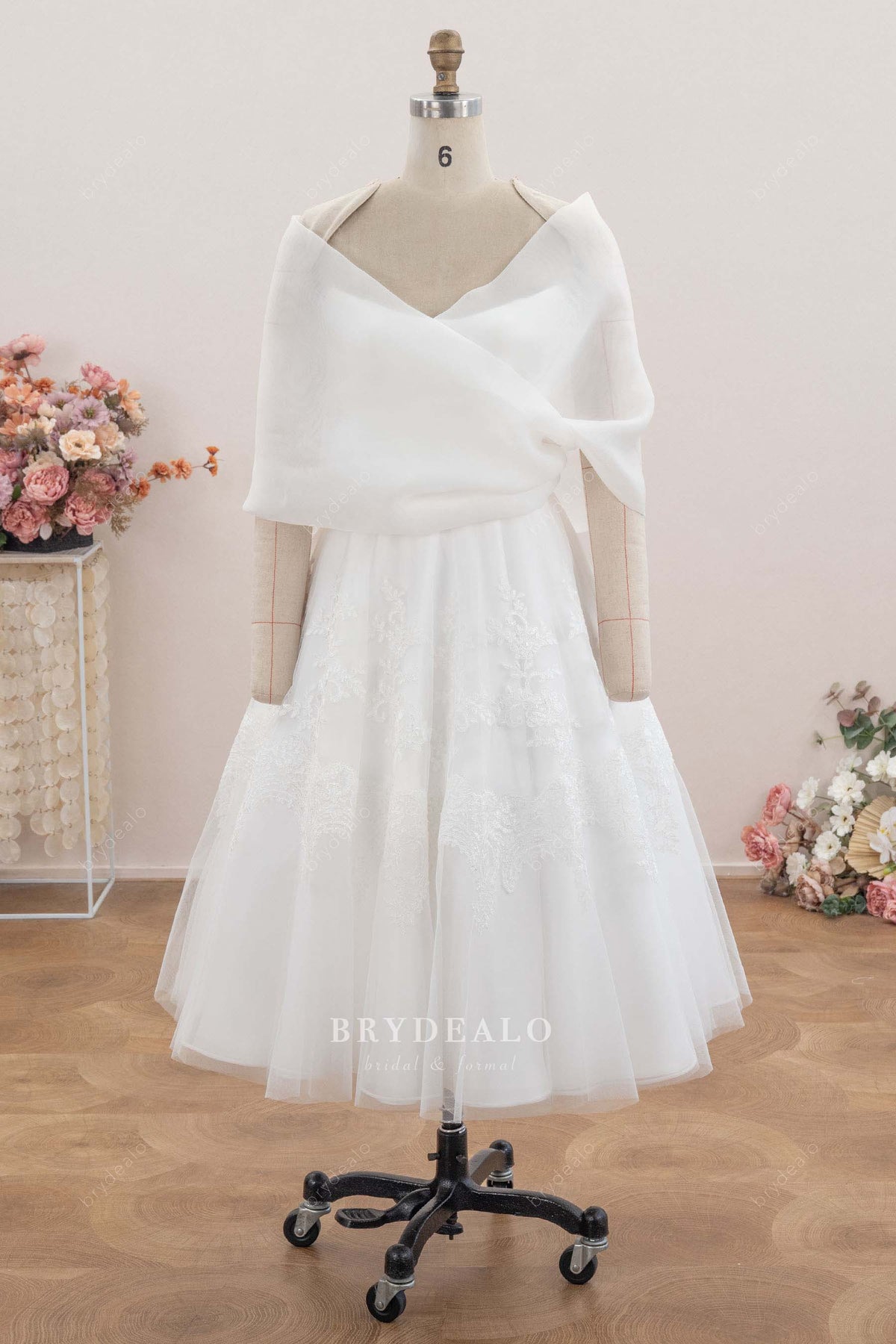 organza strapless short wedding gown