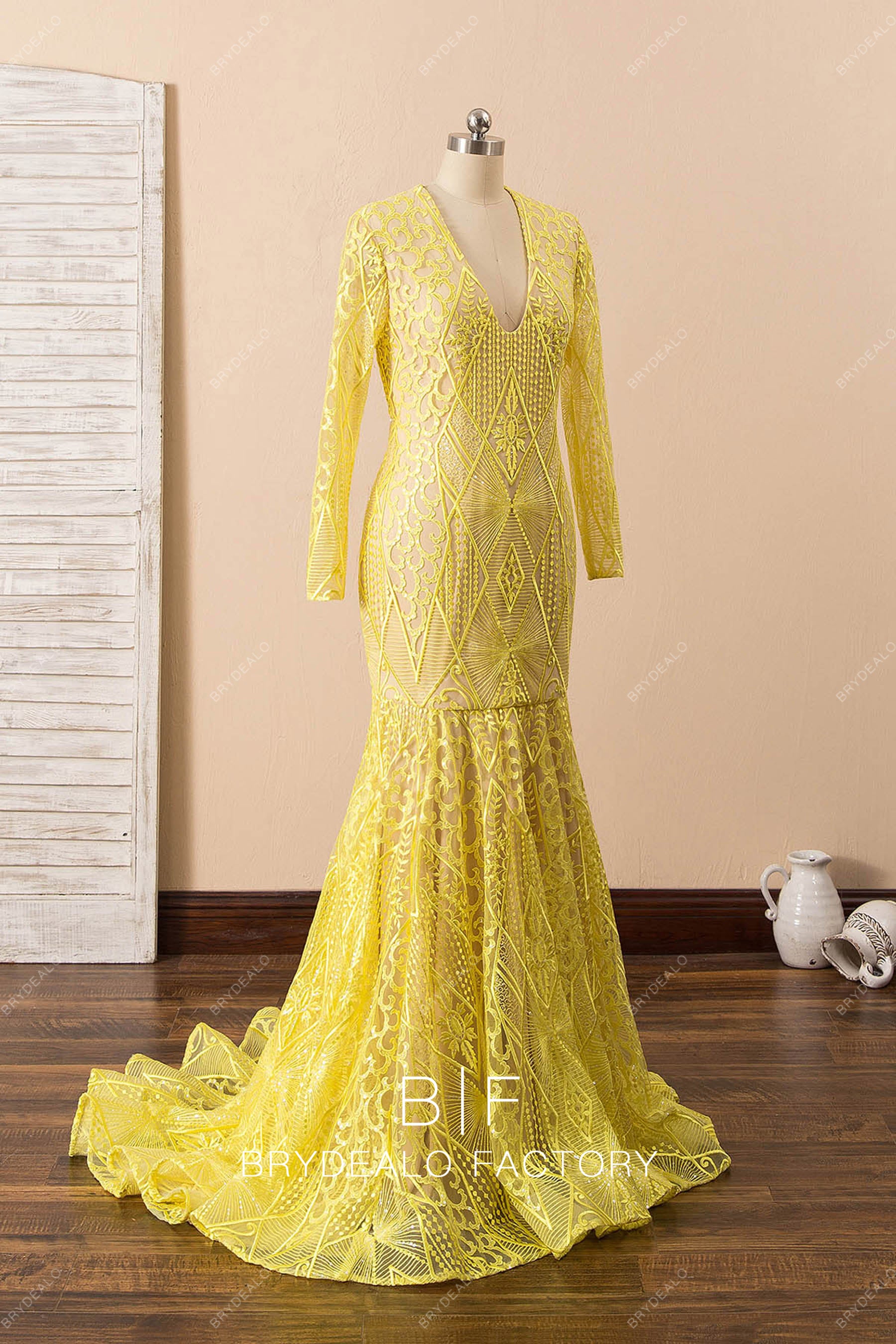 unique patterned lace long sleeve formal gown