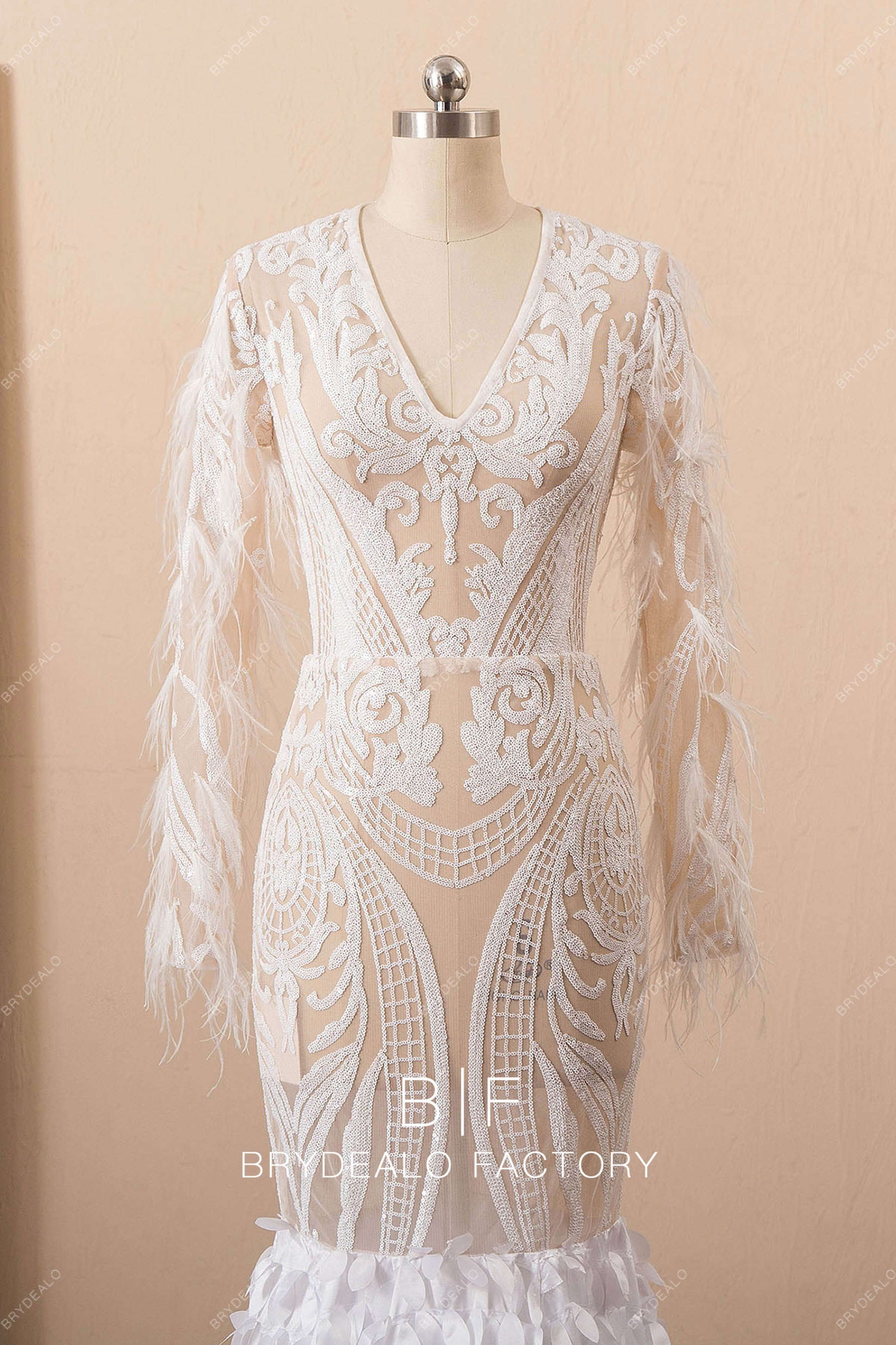 v-neck feather sleeve prom dress