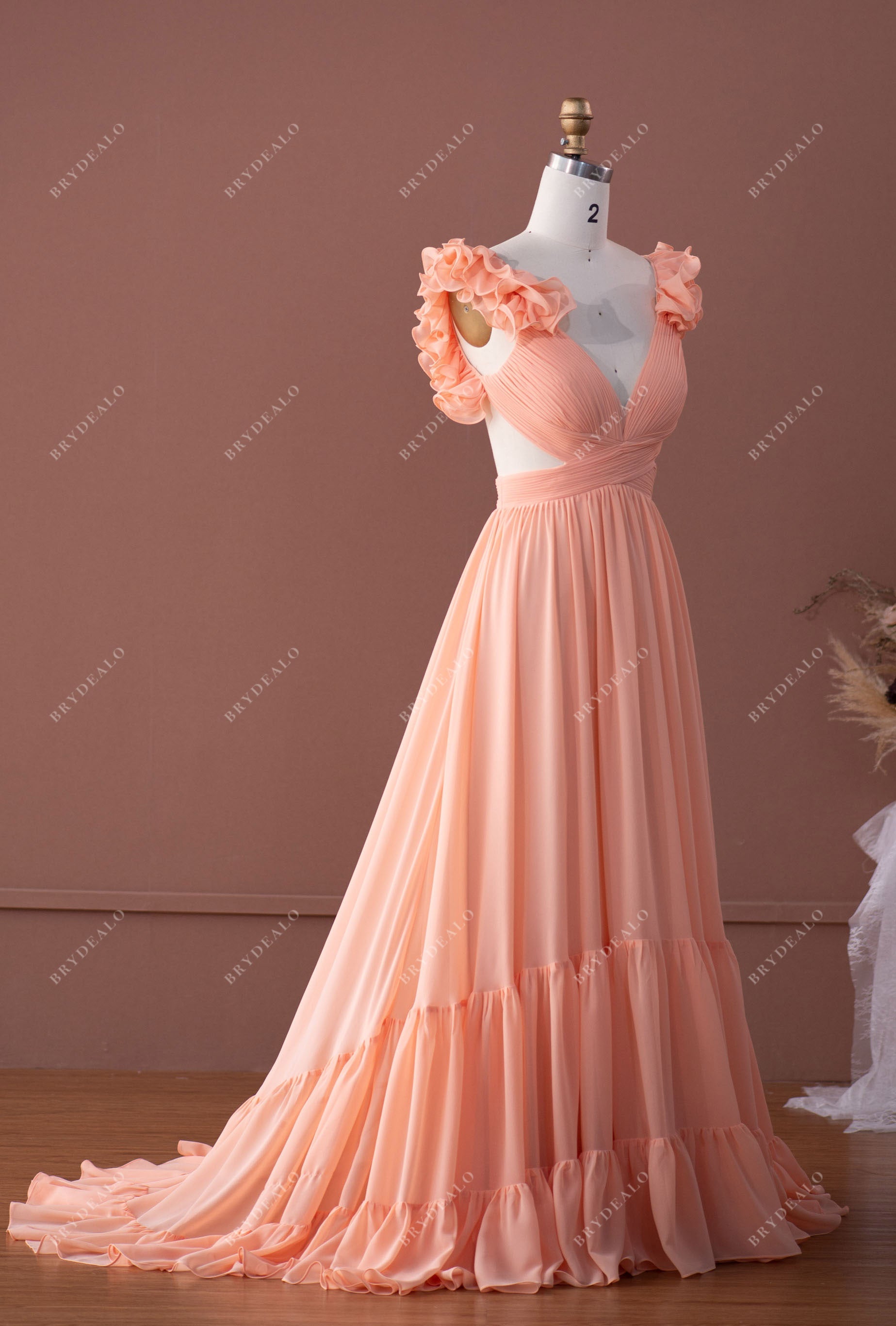 Peach Fairy Ruffled Sleeve Chiffon Plunging Formal Dress – Brydealo