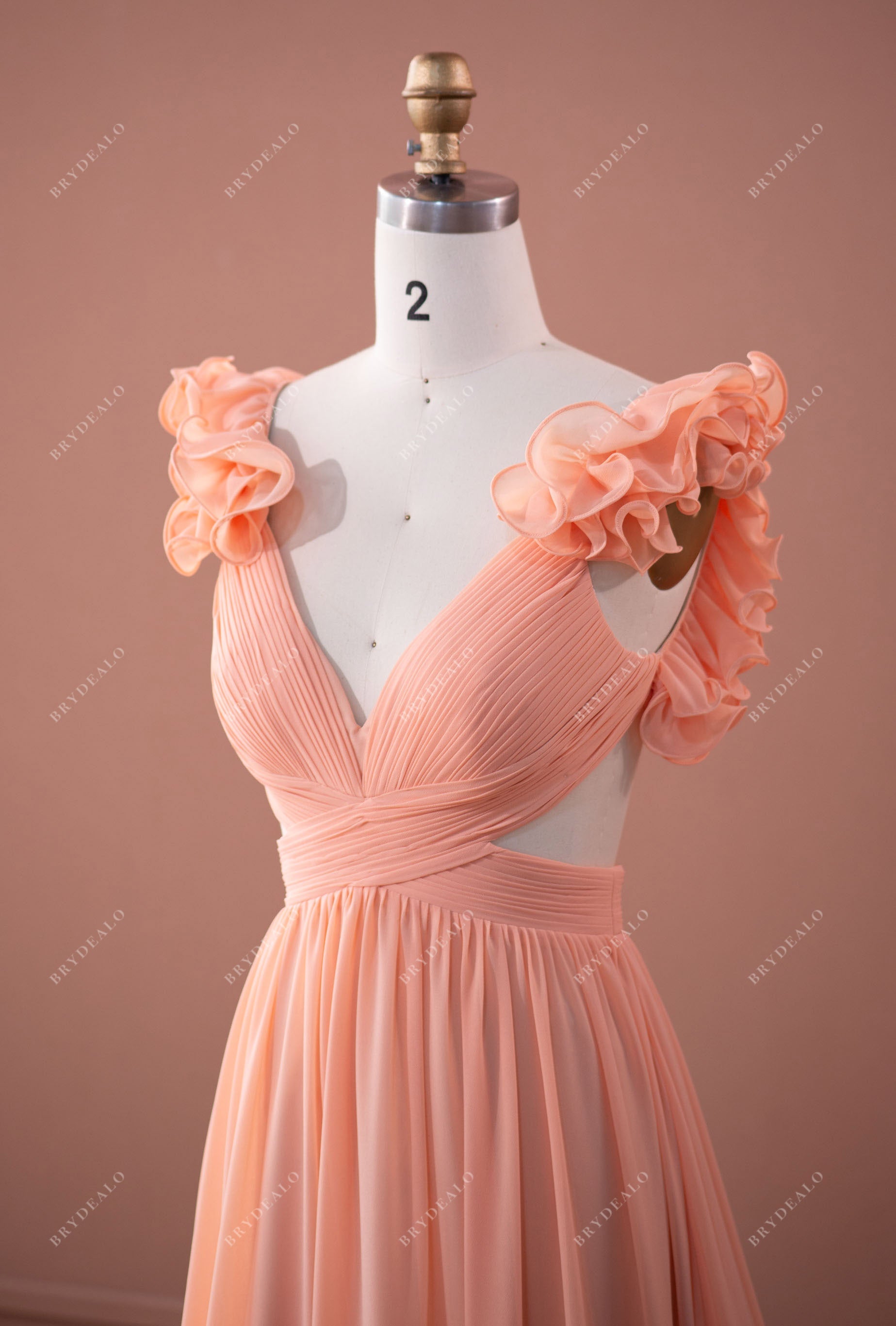 Peach Fairy Ruffled Sleeve Chiffon Plunging Formal Dress Peach Fairy Ruffled Sleeve Chiffon Plunging Formal Dress