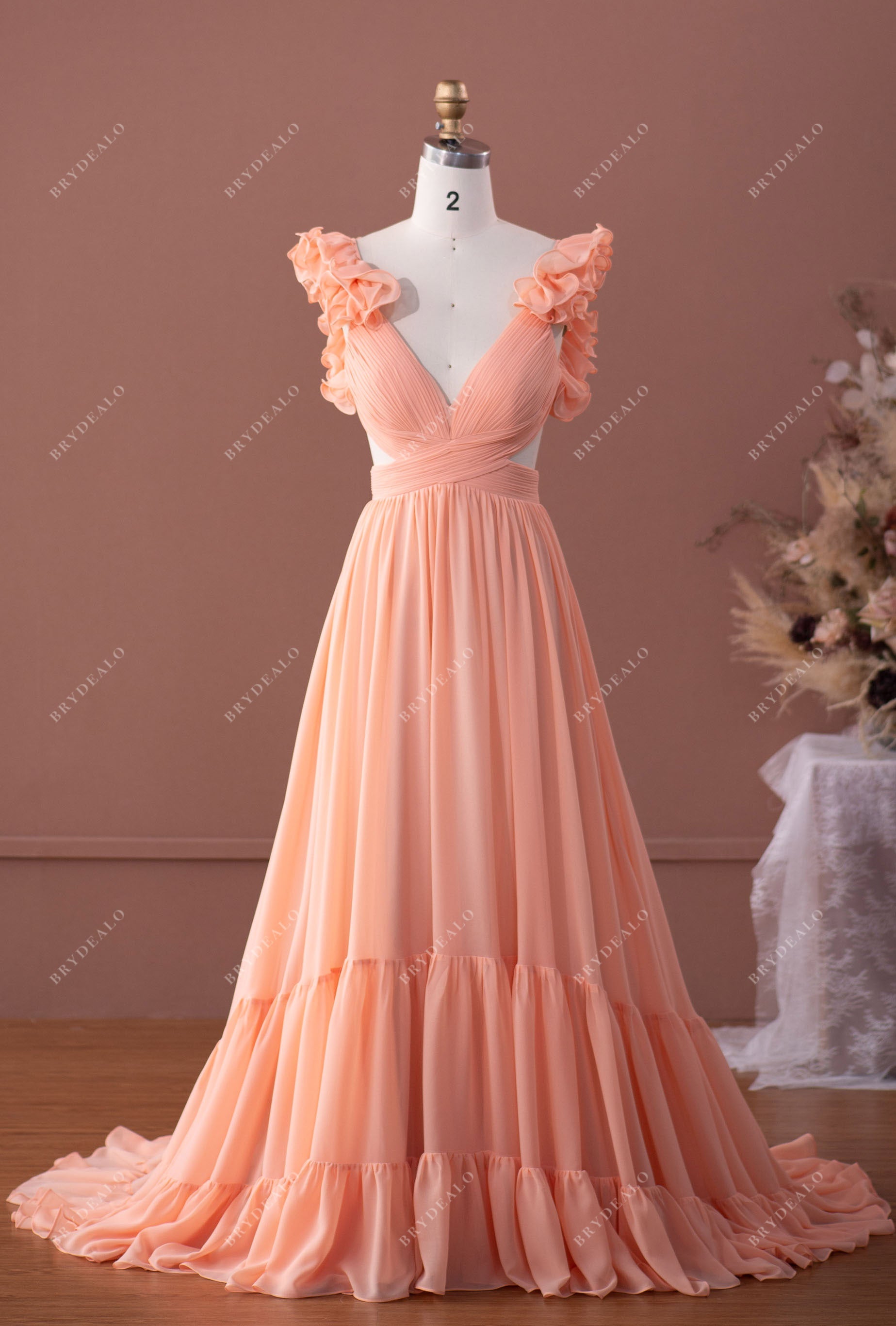 peach pink ruffled sleeve chiffon prom dress