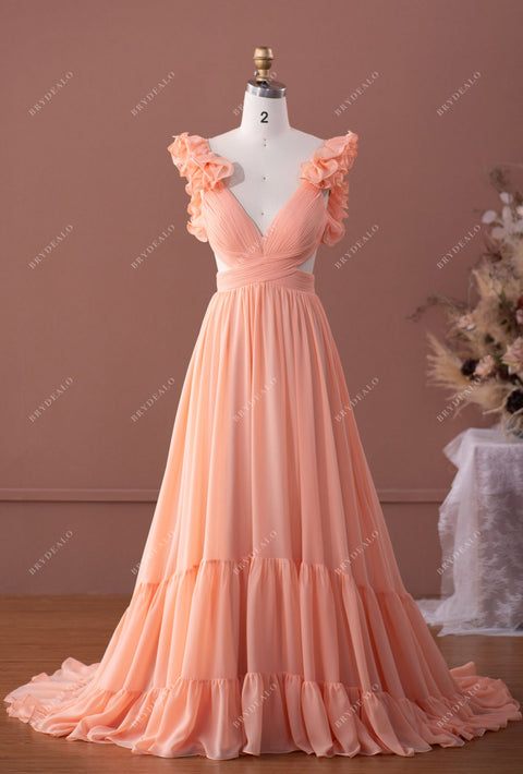 peach formal dress under $150 Fairy Ruffled Sleeve Chiffon Plunging Zara Women's Black Formal-dresses N993 line skirt Colour:Blush