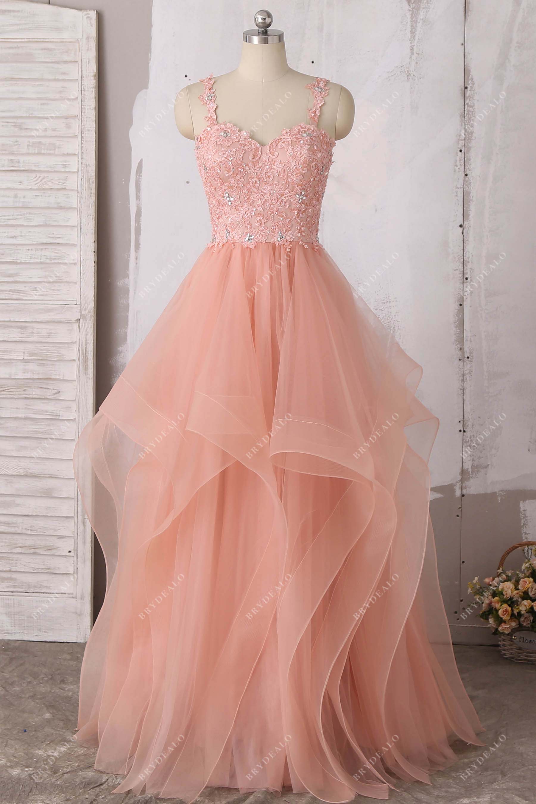 peach pink straps tulle prom dress