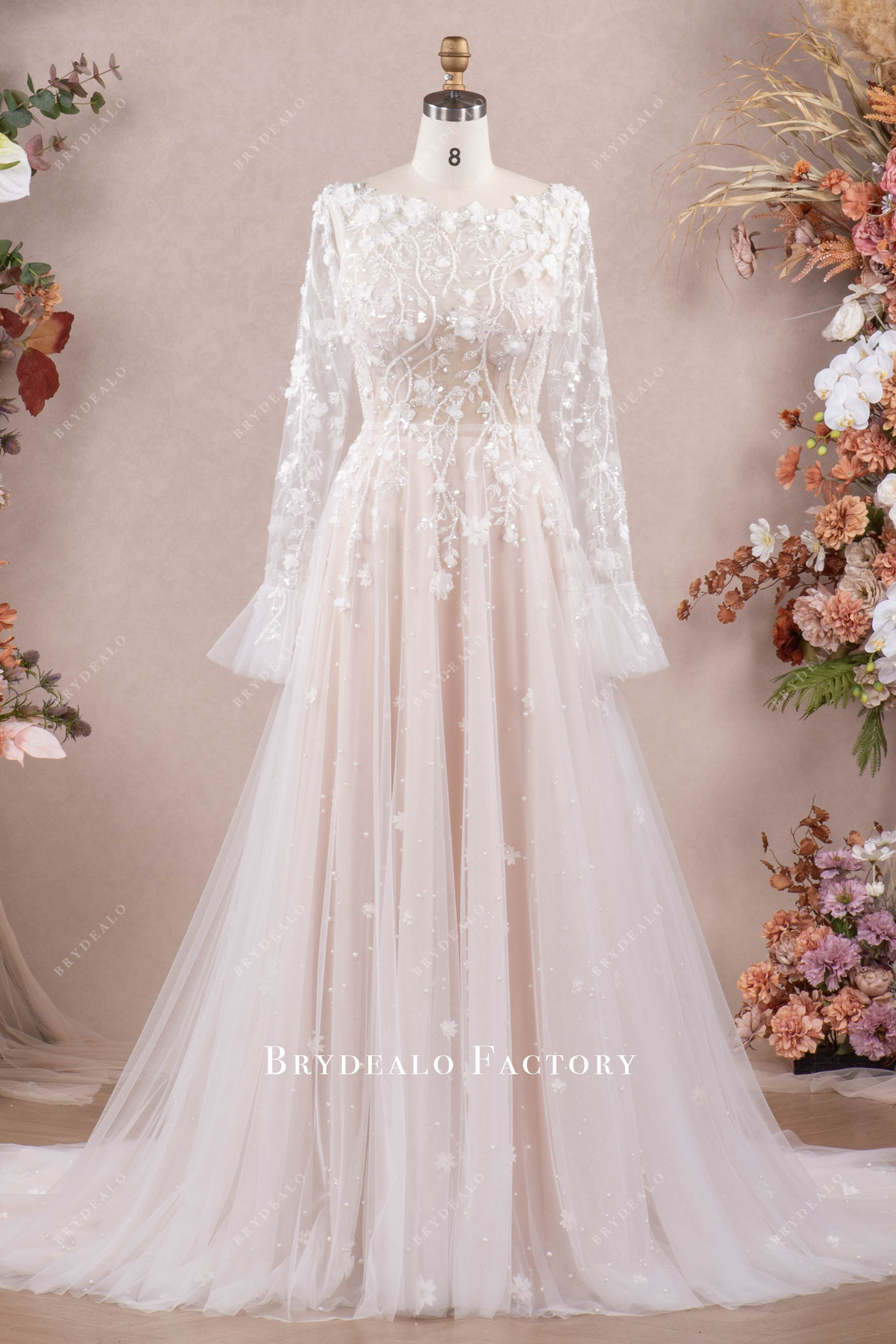 separate robe pearl flower tulle A-line wedding dress 