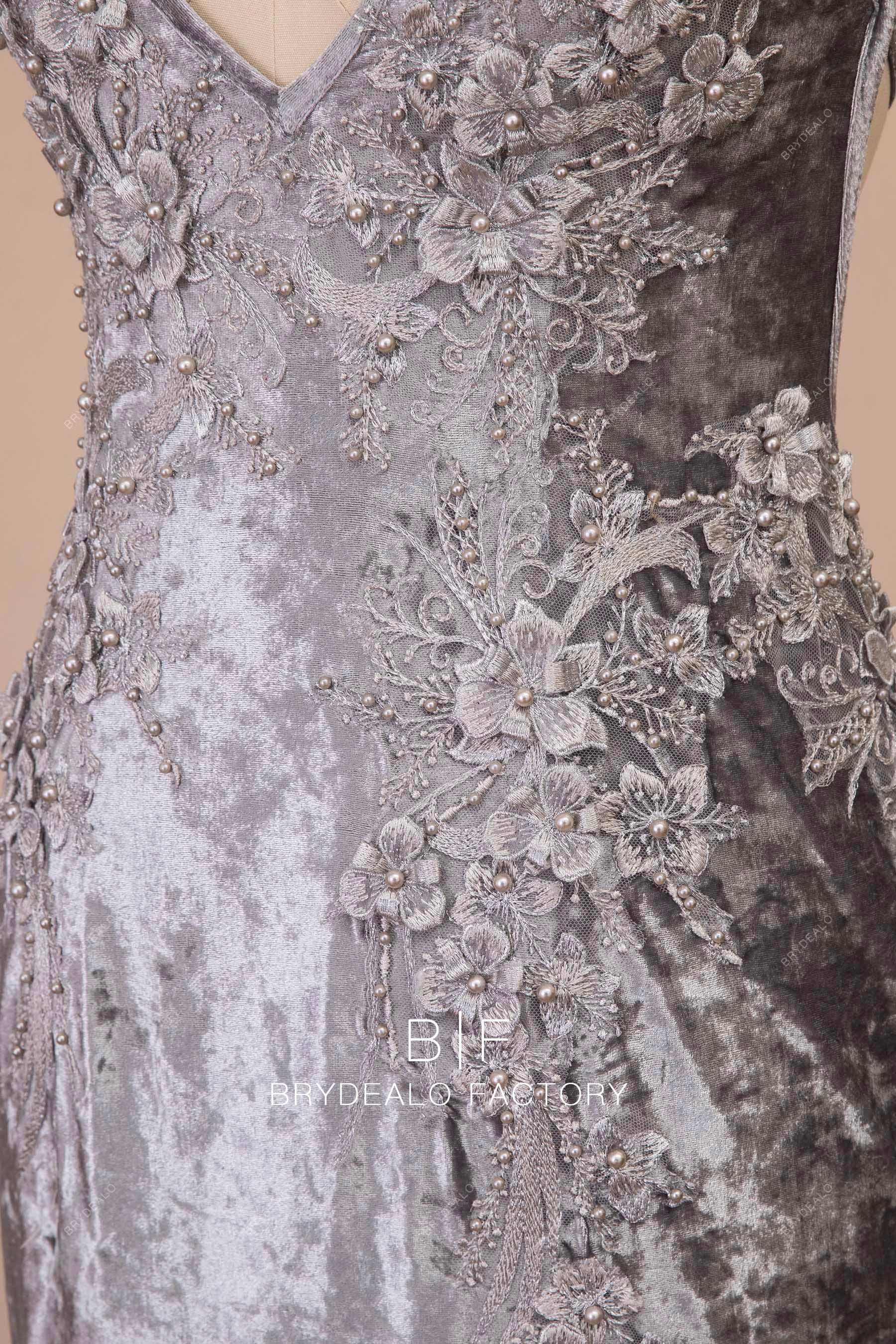 beaded gray velvet evening dress