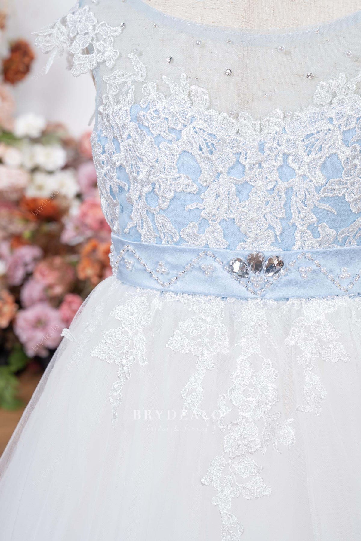 pearl satin belt flower girl dress