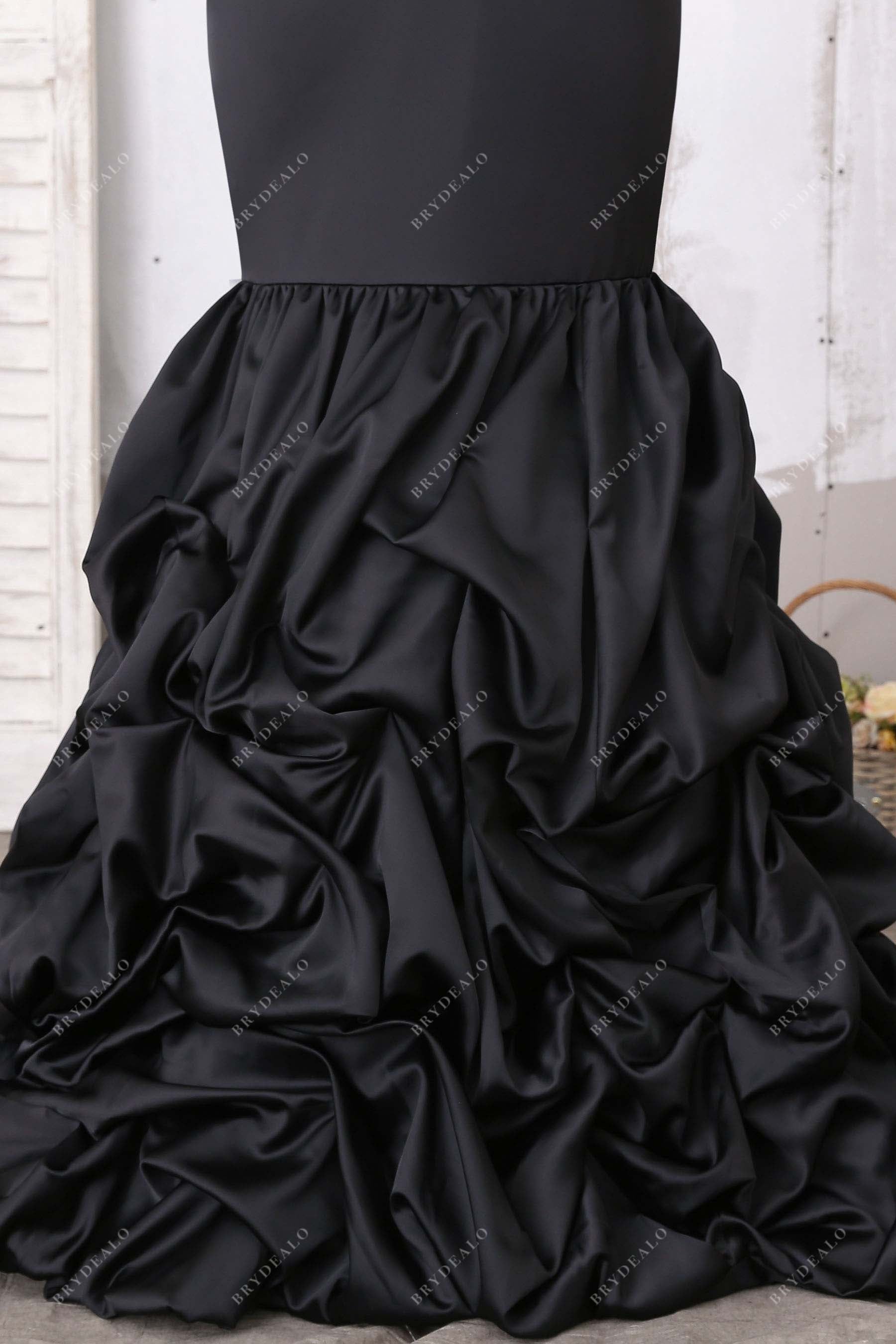 black satin pleated trumpet prom dress