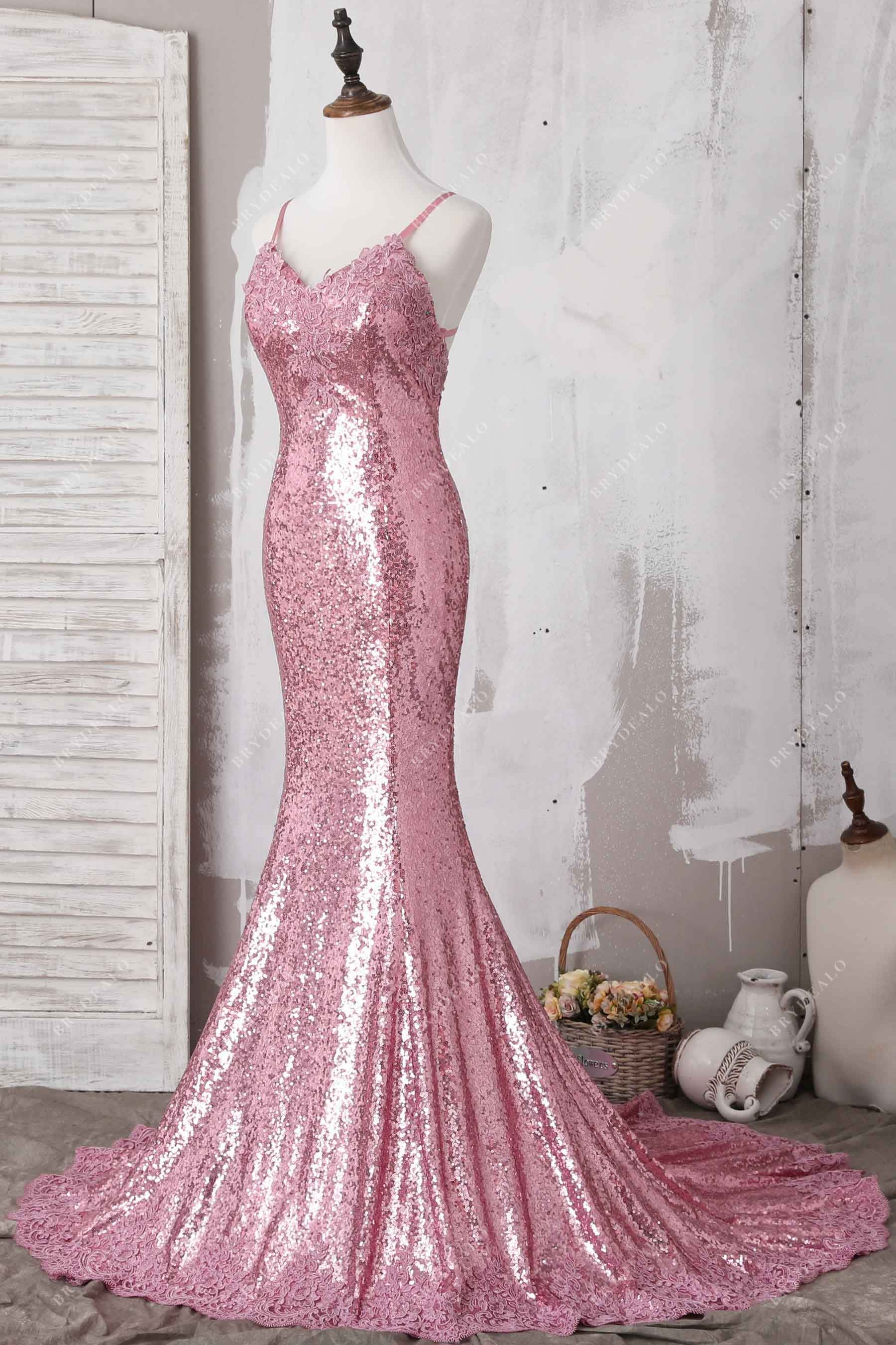 pink sequin trumpet formal dress