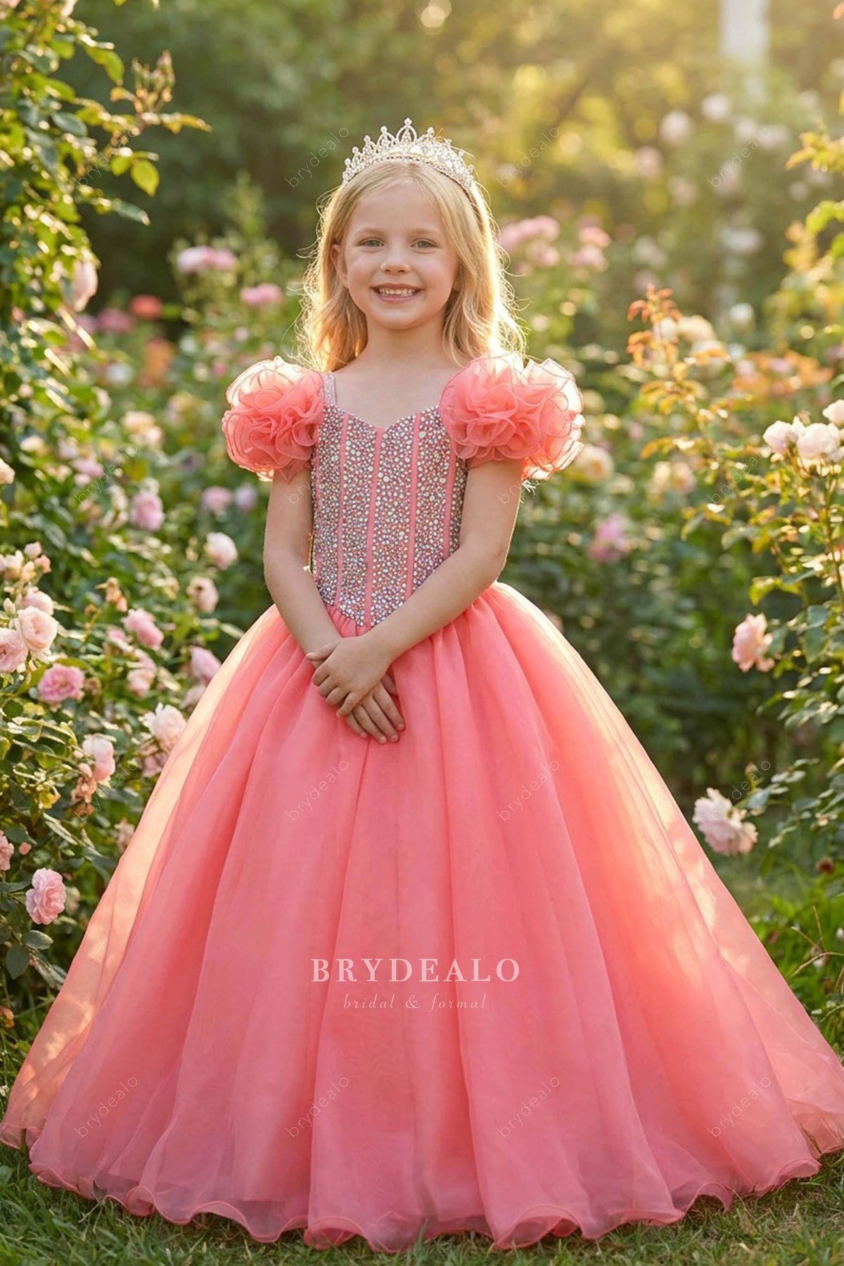 pink long organza kids pageant gown