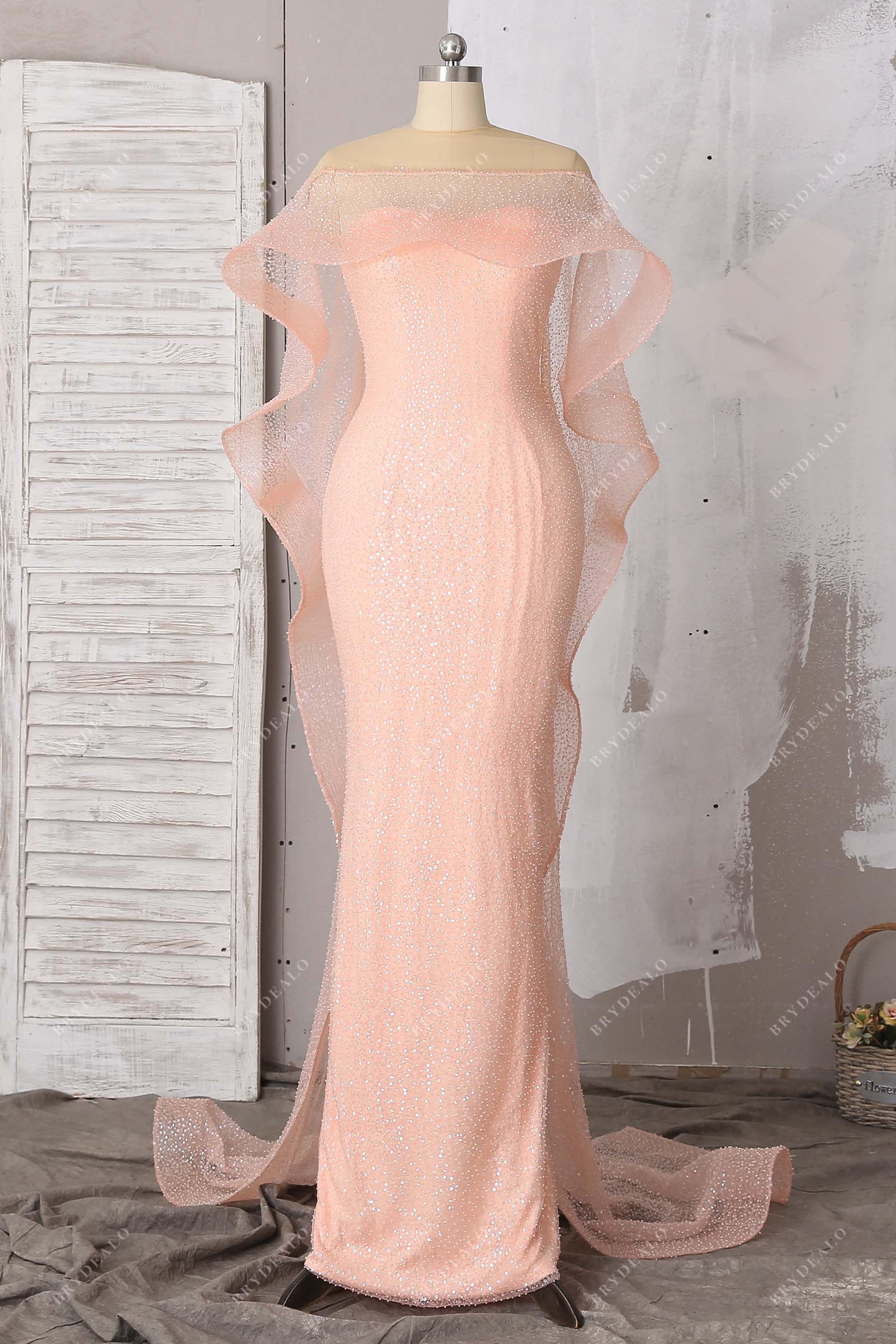 shimmery peach pink sheath prom dress