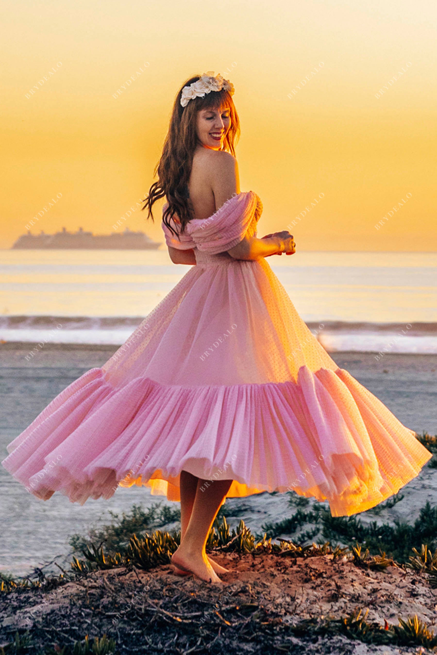 pink tulle off shoulder formal gown