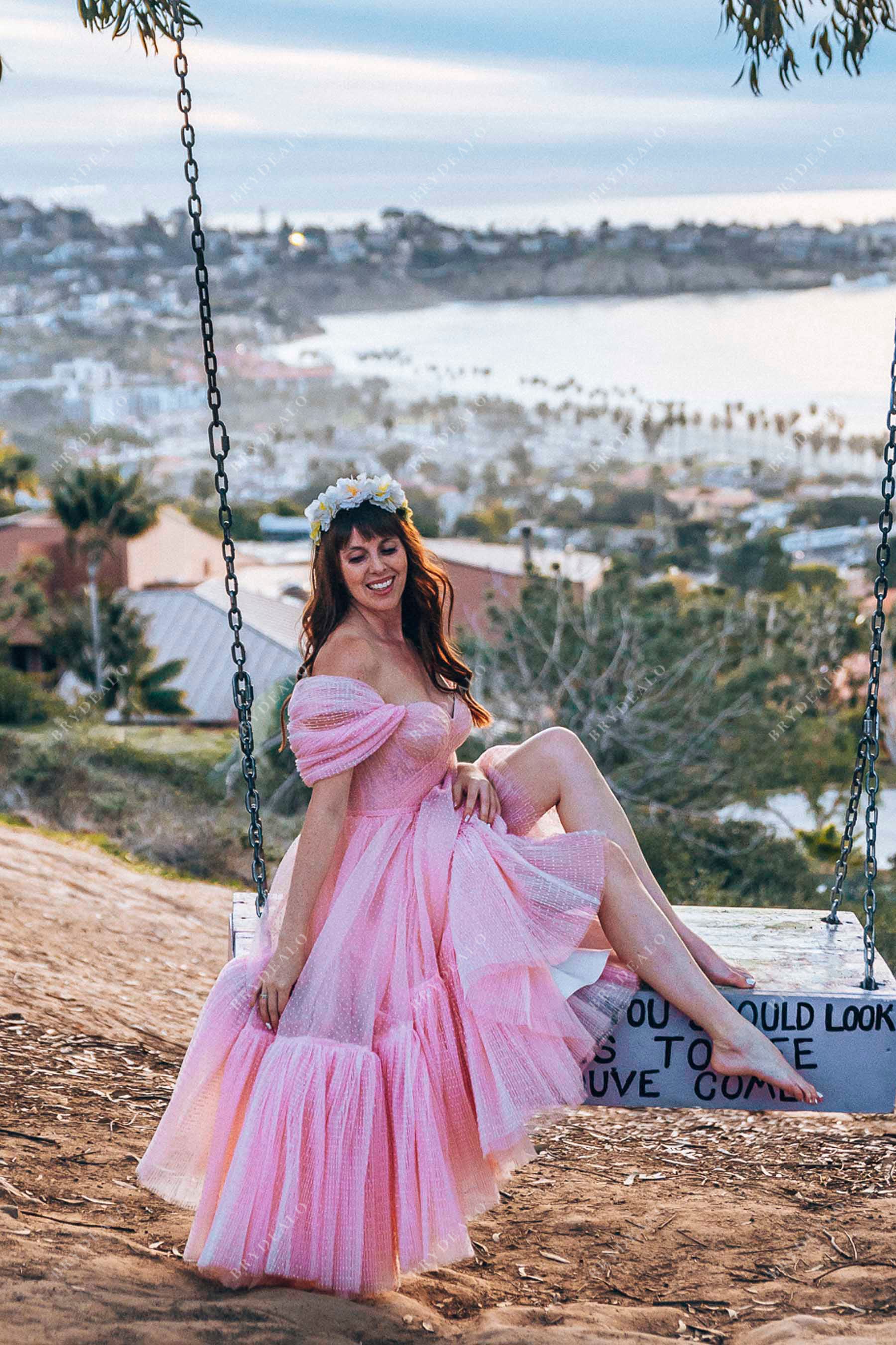 pink pleated tulle tea length formal gown