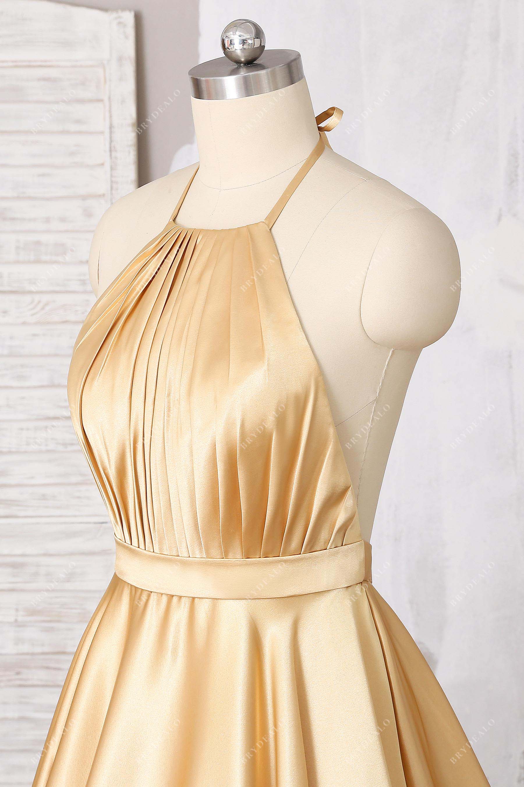 gold satin pleated halter prom dress
