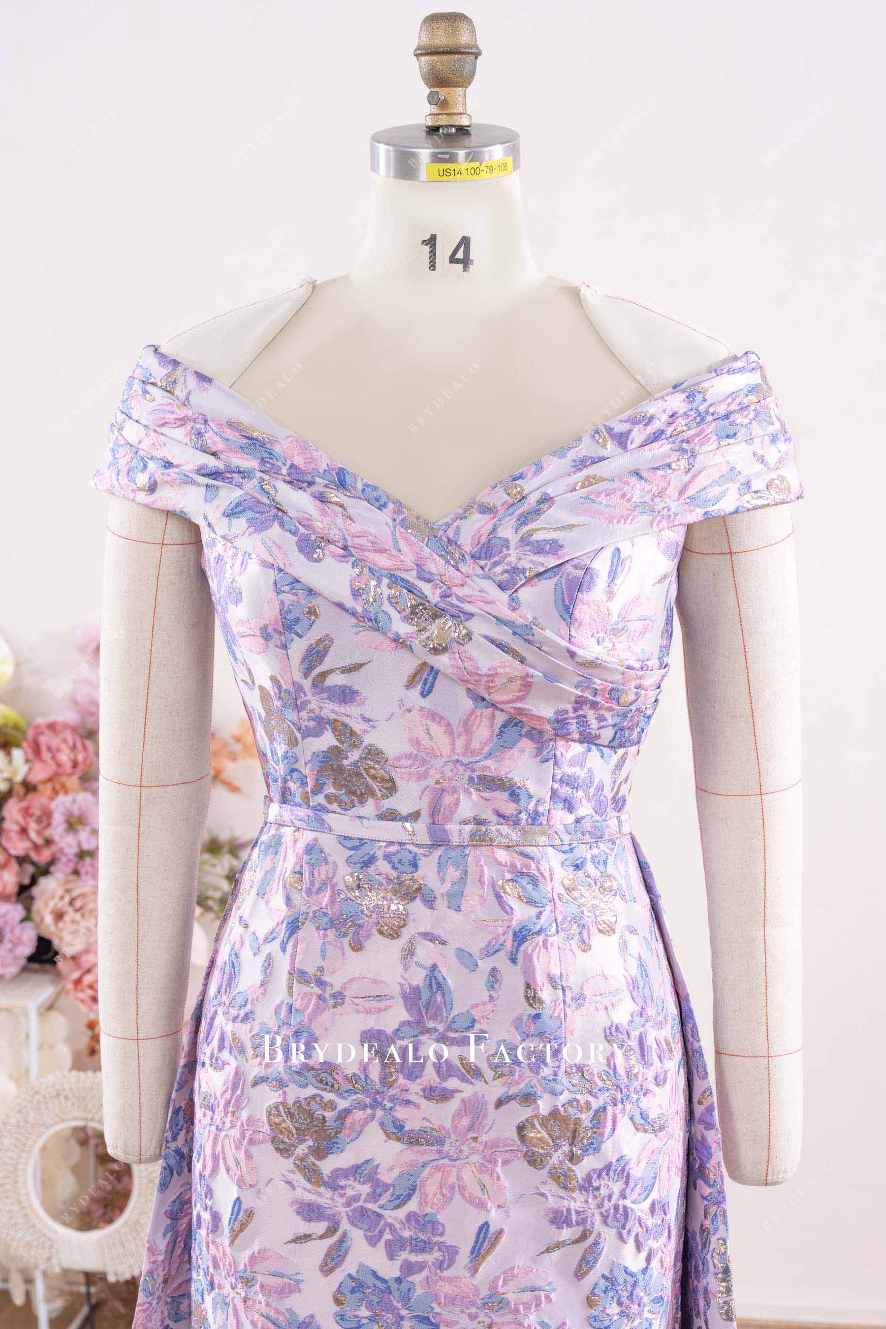 pleated off-shoulder mother of bride dress