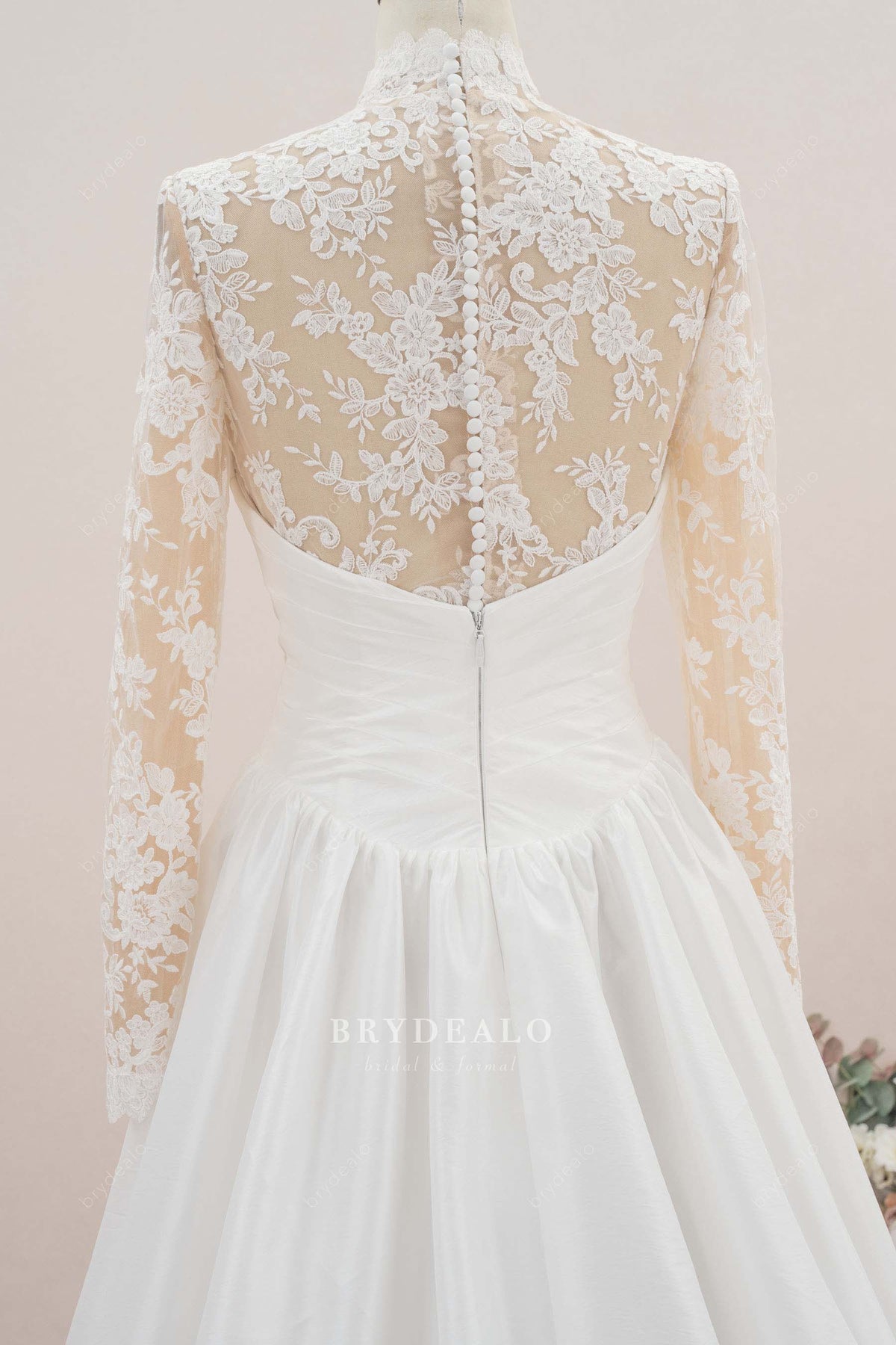 pleated satin drop waist lace wedding dress