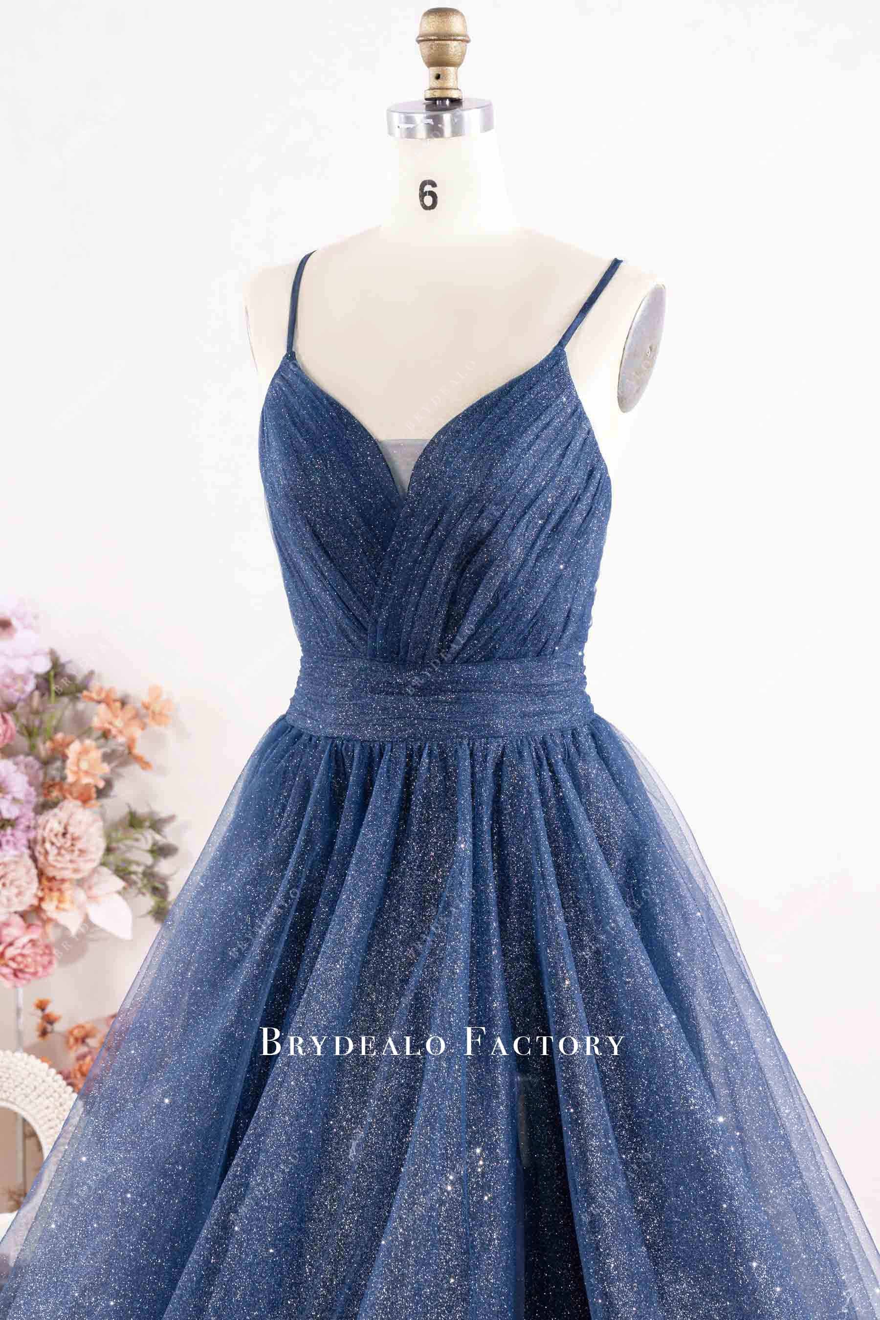 Navy Shimmery Tulle V Neck Criss Cross Back Prom Dress