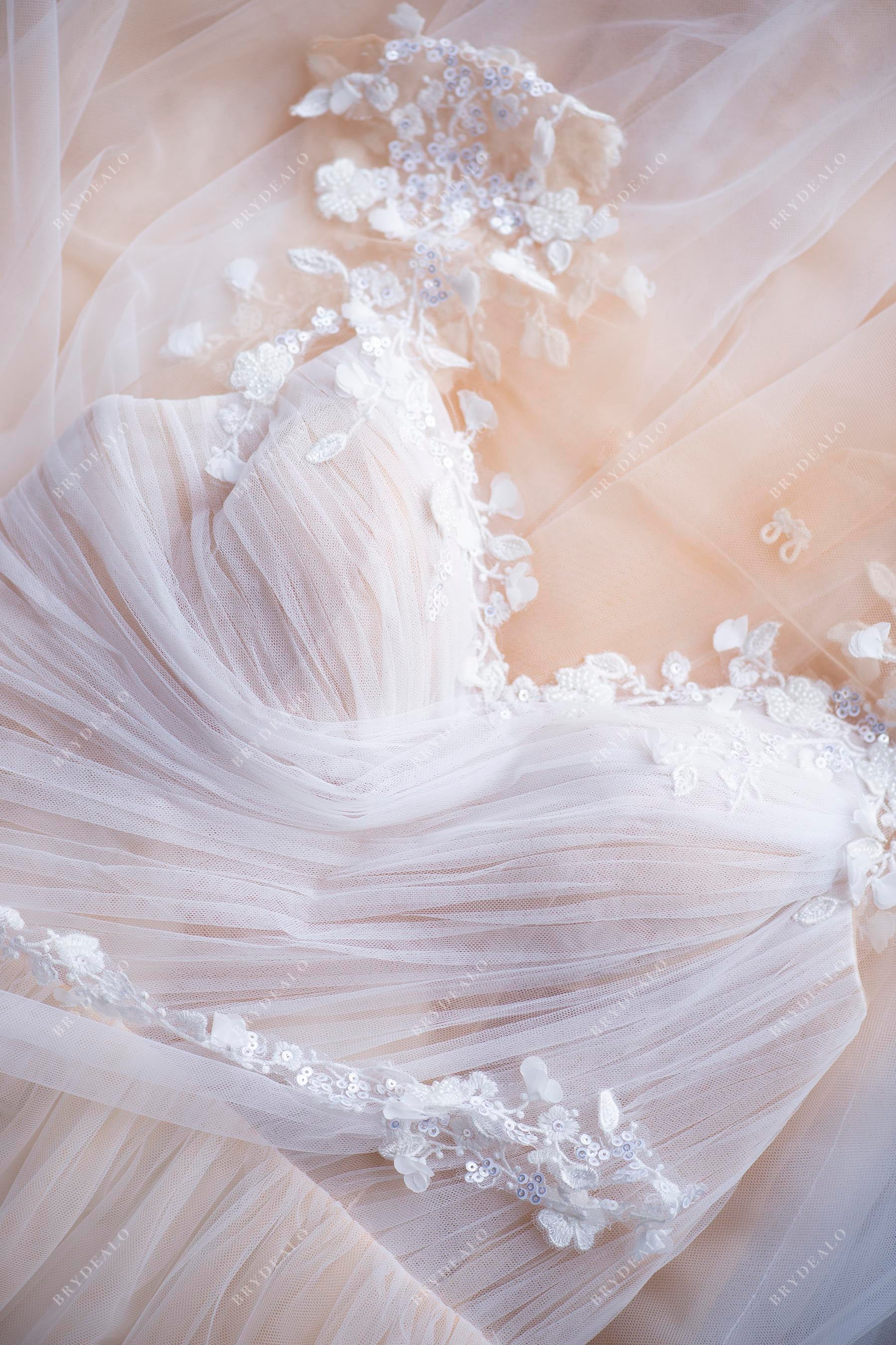 pleated tulle lace applique wedding dress