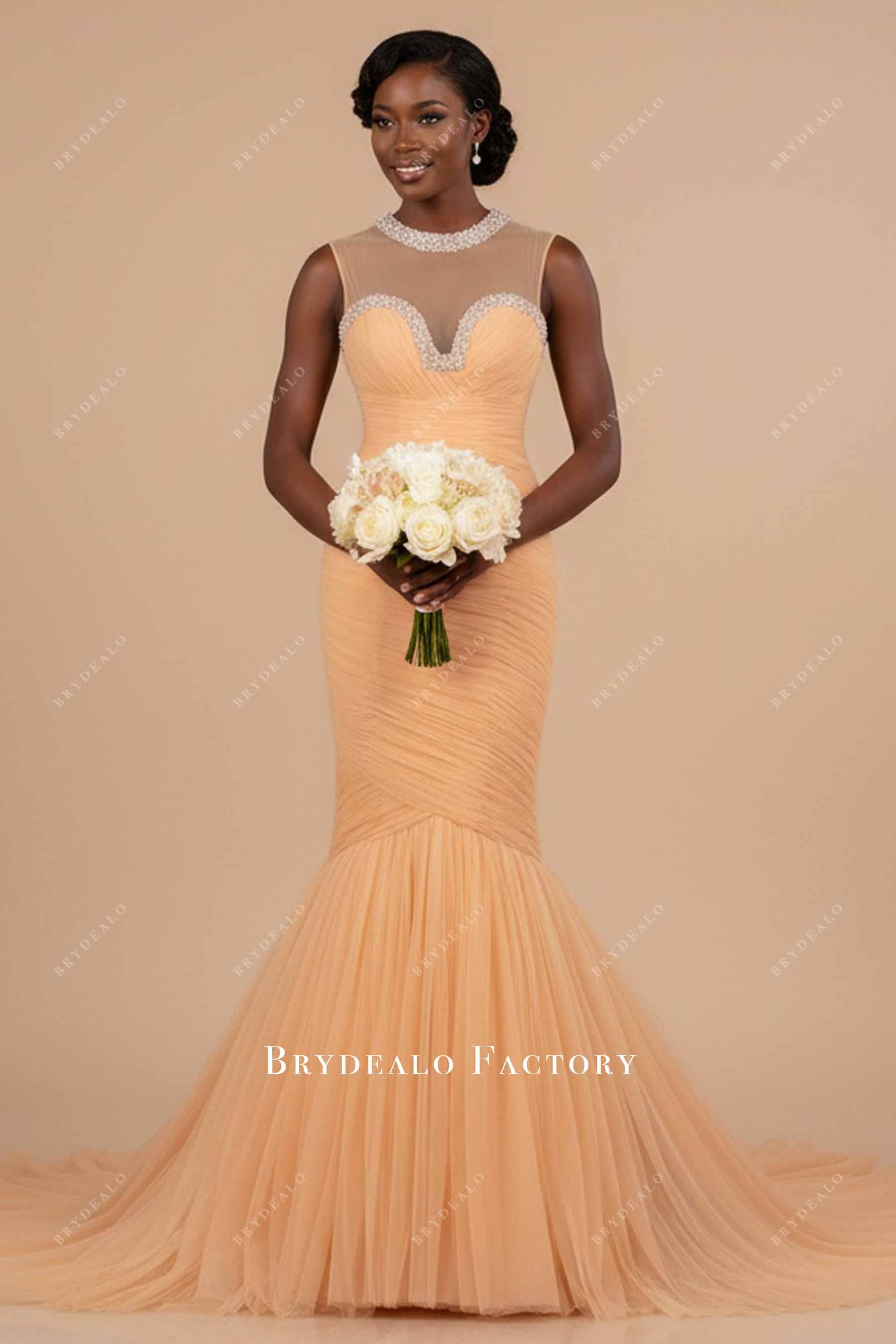 pleated tulle trumpet wedding dress