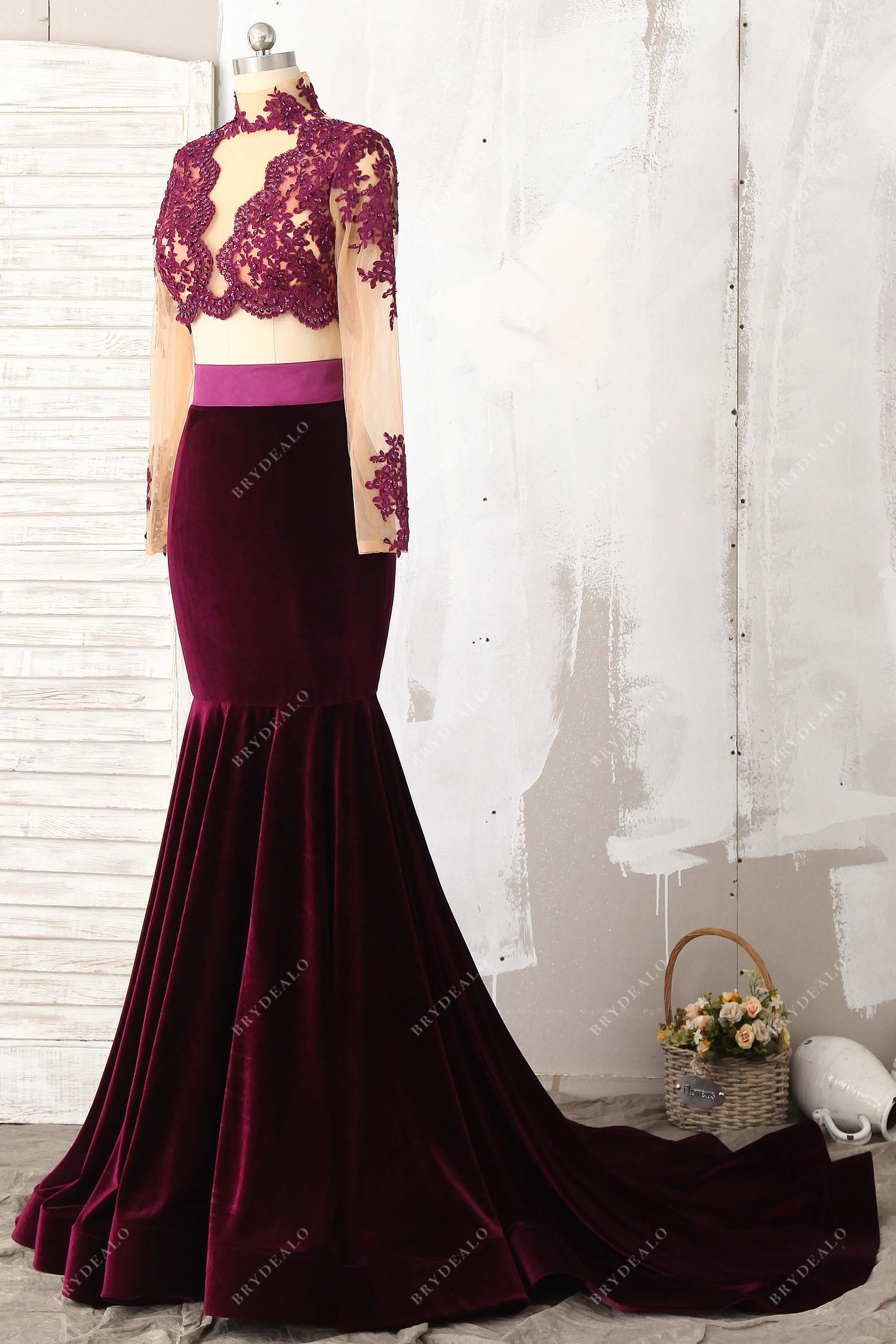 long sleeves plum velvet mermaid dress