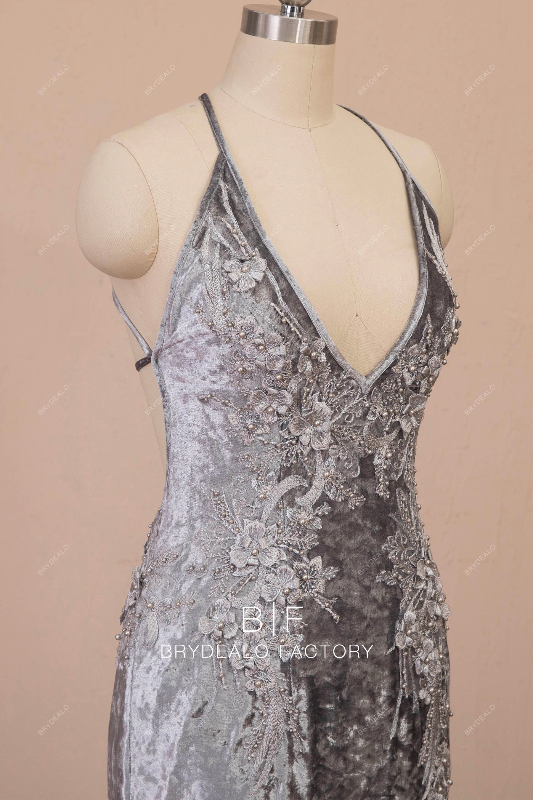 3D lace appliqued velvet formal dress