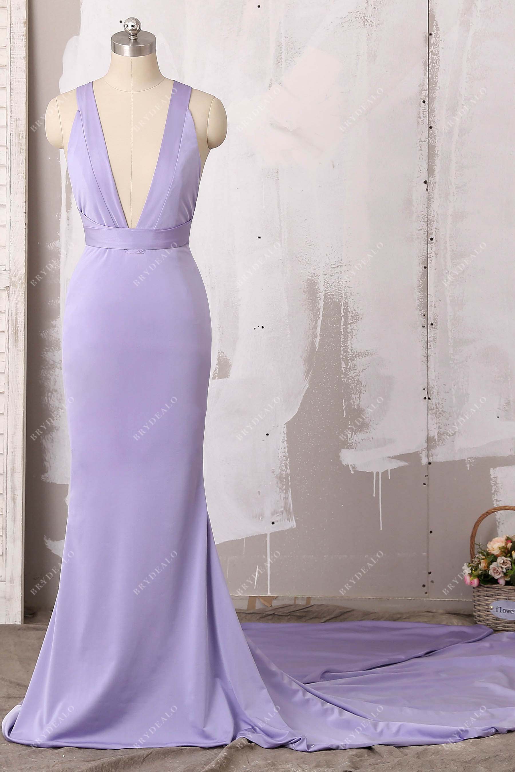 plunging neck long train mermaid prom dress