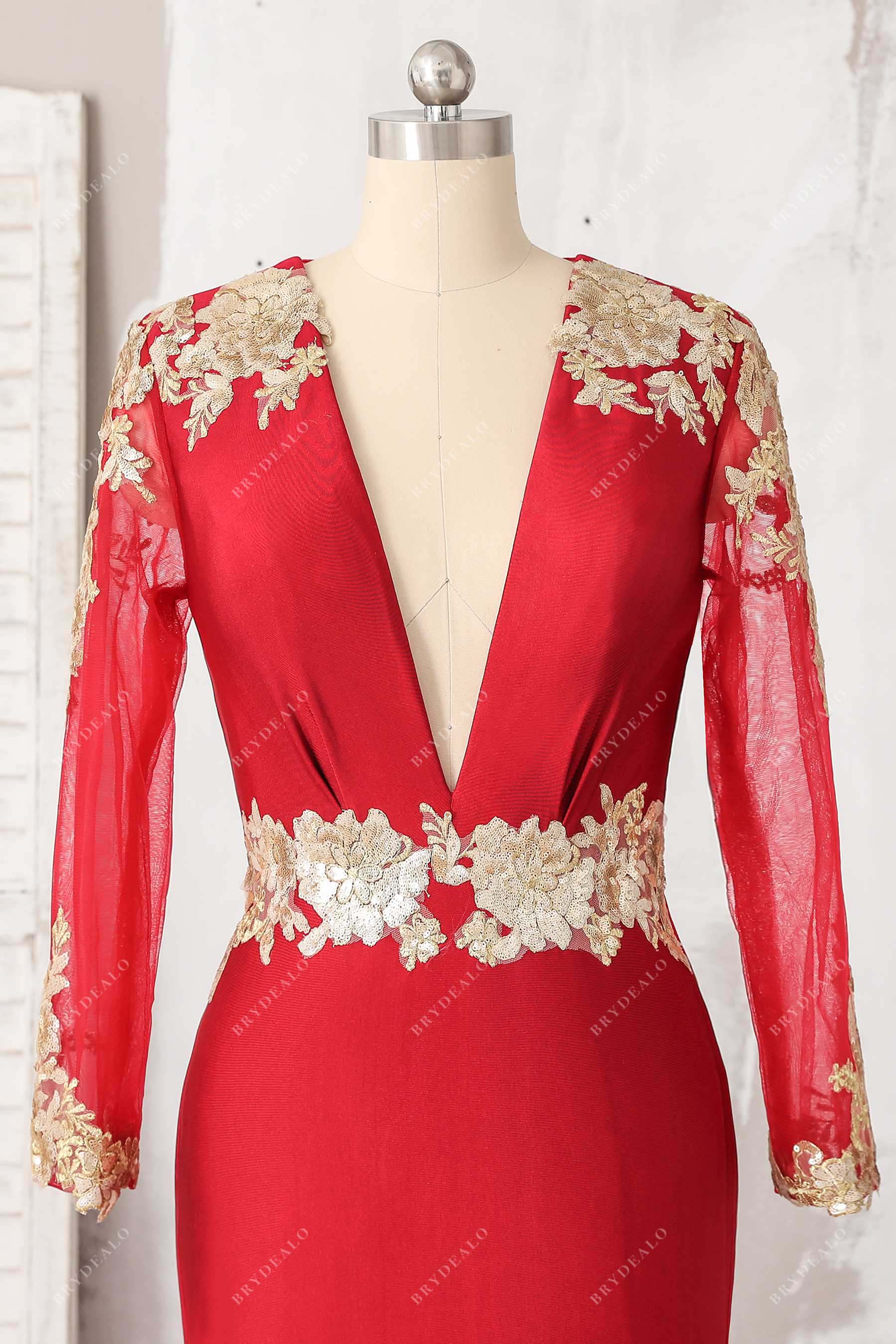 gold lace red jersey prom dress