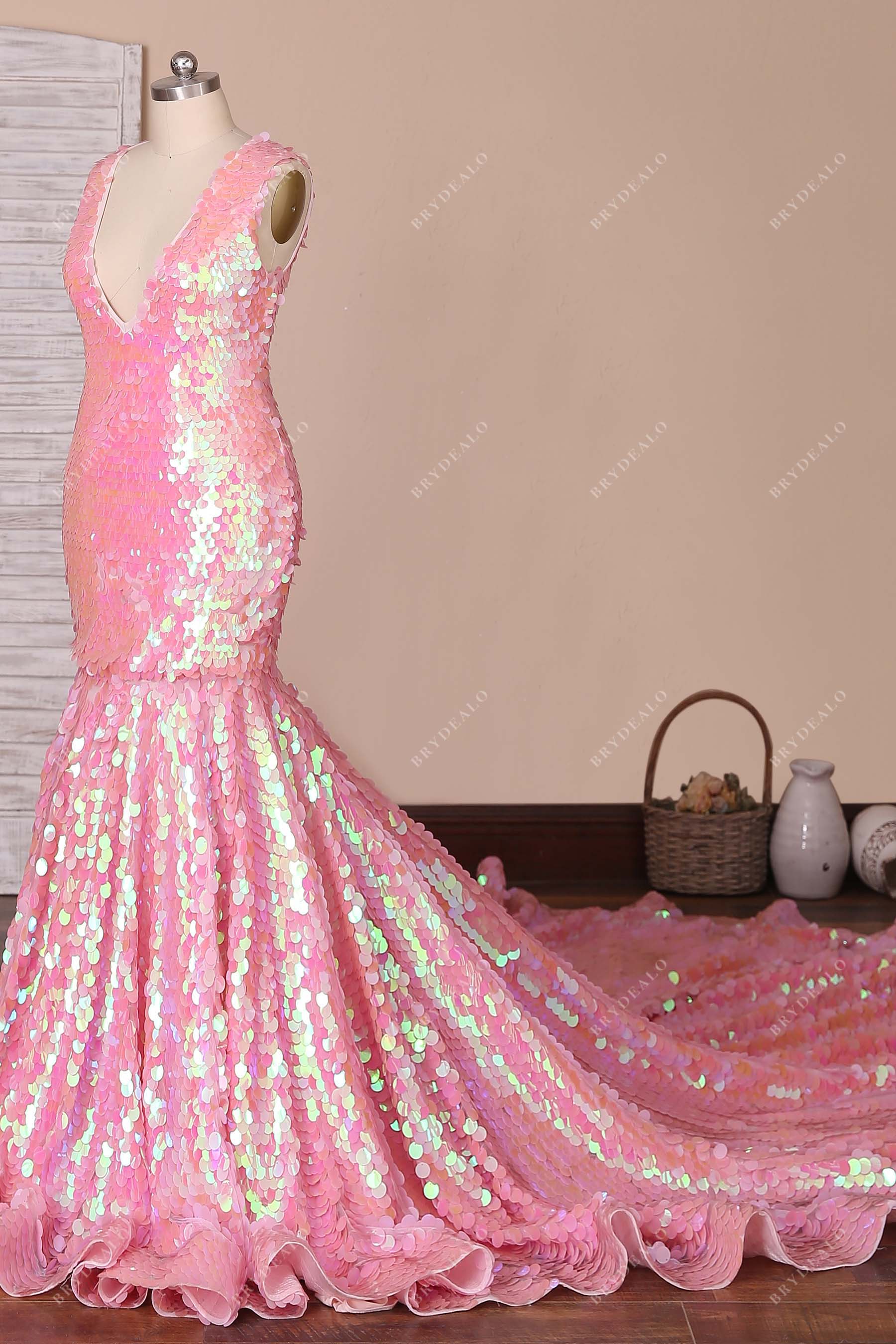 plunging neck sleeveless pink sequin formal gown