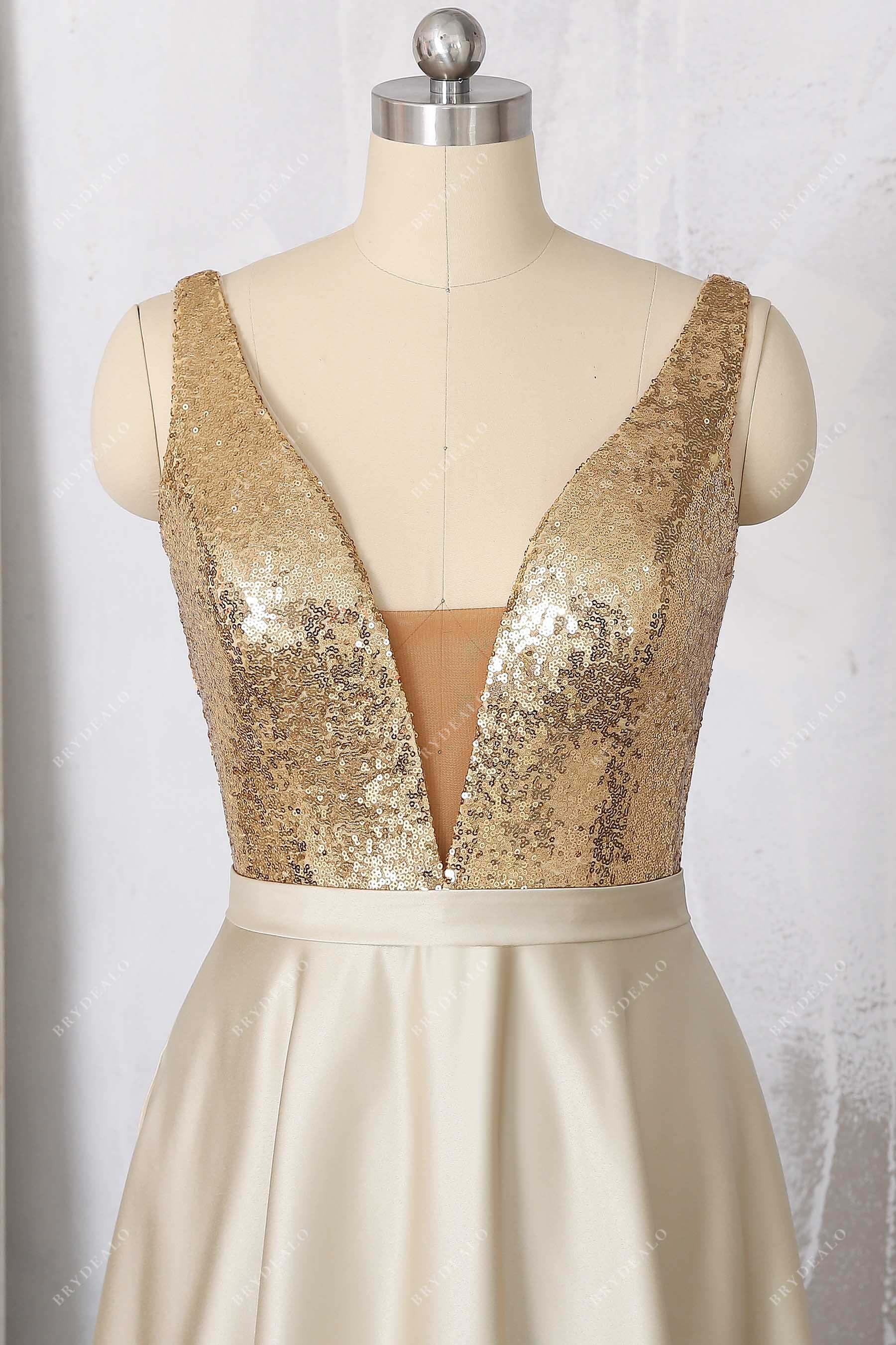 Gold Sequin Champagne Satin Plunging Prom Dress Brydealo Gold Sequin Champagne Satin Plunging Prom Dress Brydealo